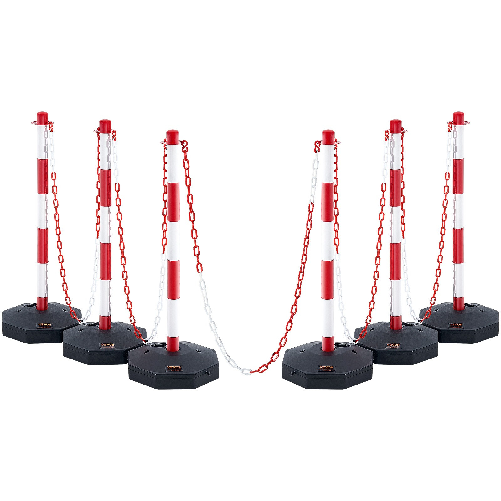 Image of Vevor Road Bollards, 6 Pieces, Chain Length 2m, Pavement Bollards, Red And Barrier Bollards Set With Fillable Base For Water And Sand