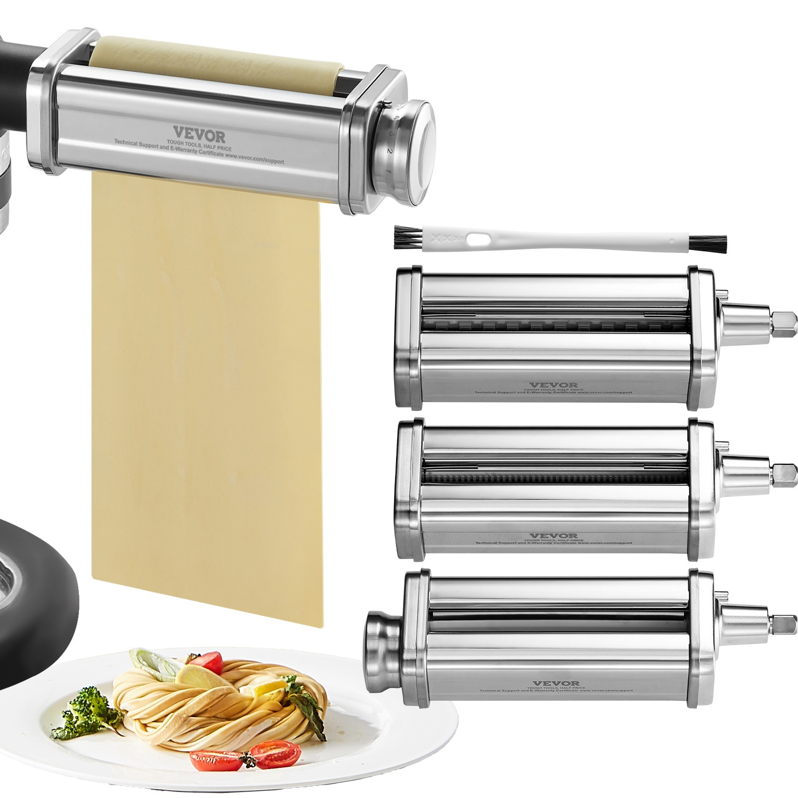 Vevor Pasta Attachment For Stand Mixer, Stainless Steel Pasta Roller Cutter Set Including Pasta Sheet Roller, Spaghetti And Cutter, 8 Adjustable Thickness Knob Pasta Maker, 3pcs