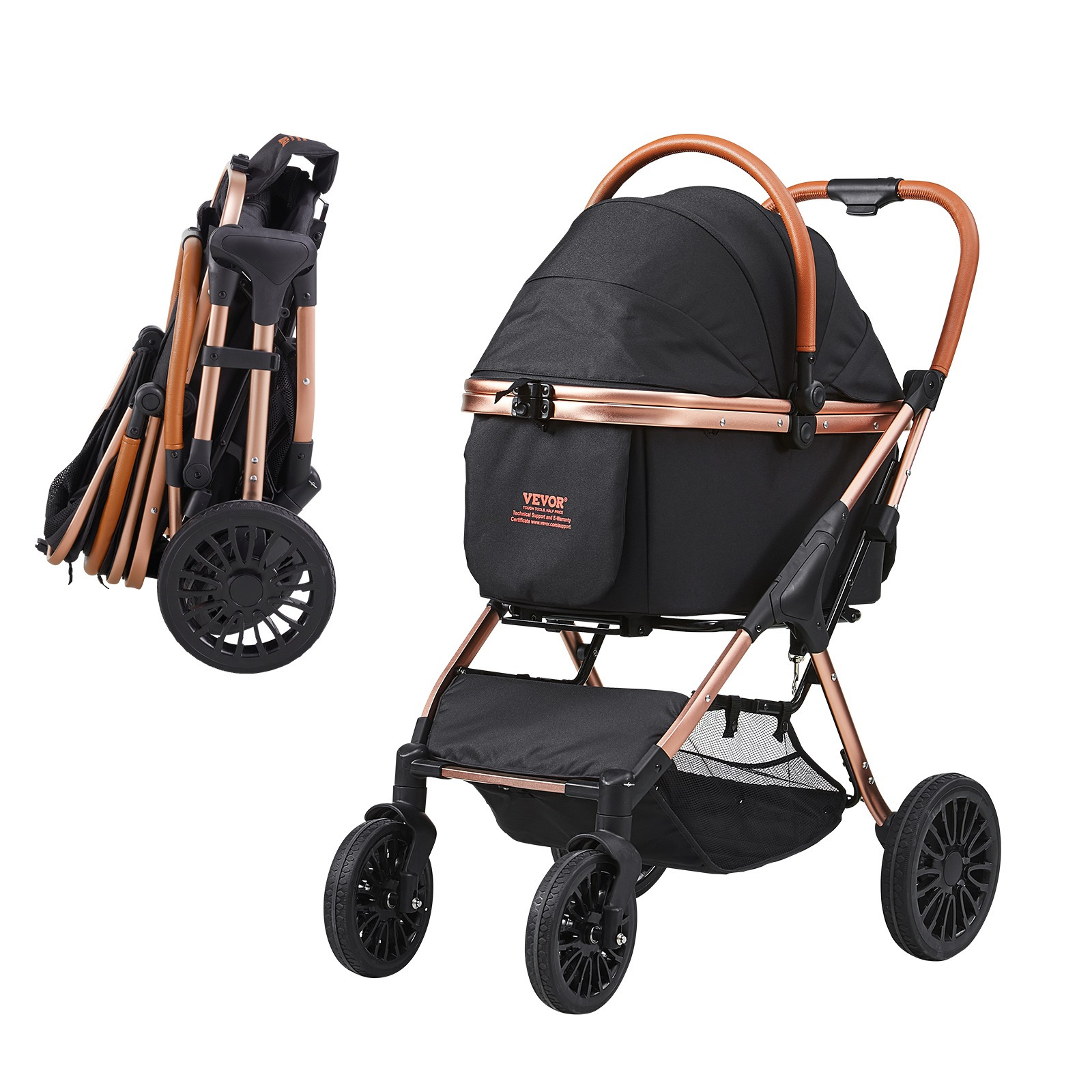 TEMU Vevor Pet Stroller, 4 Wheels Dog Stroller Rotate With Brakes, 66 Lbs Weight Capacity, Puppy Stroller With Detachable Carrier, Storage Basket And