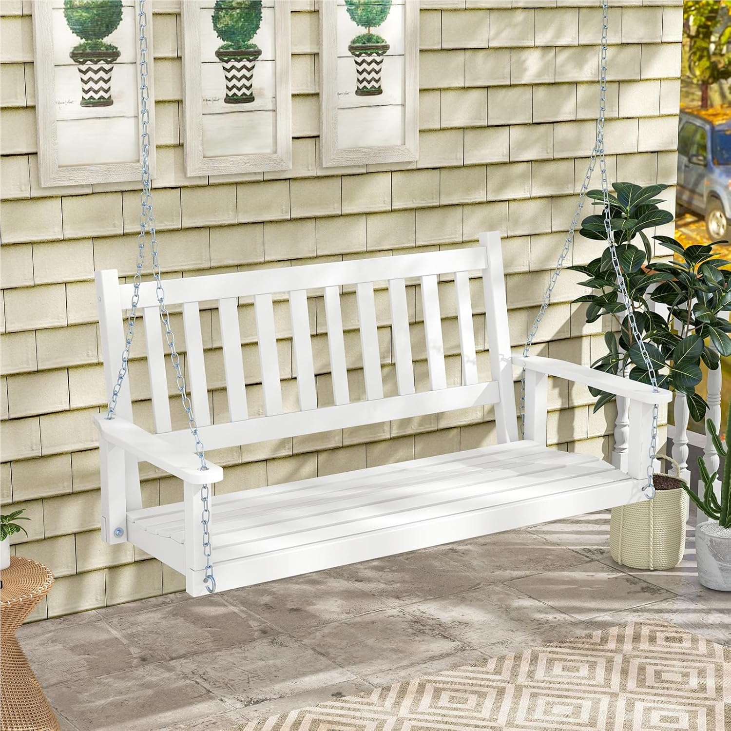 Image of Solid Wood Hanging Bench, 2-seater Garden Swing Hammock Load 230 Kg