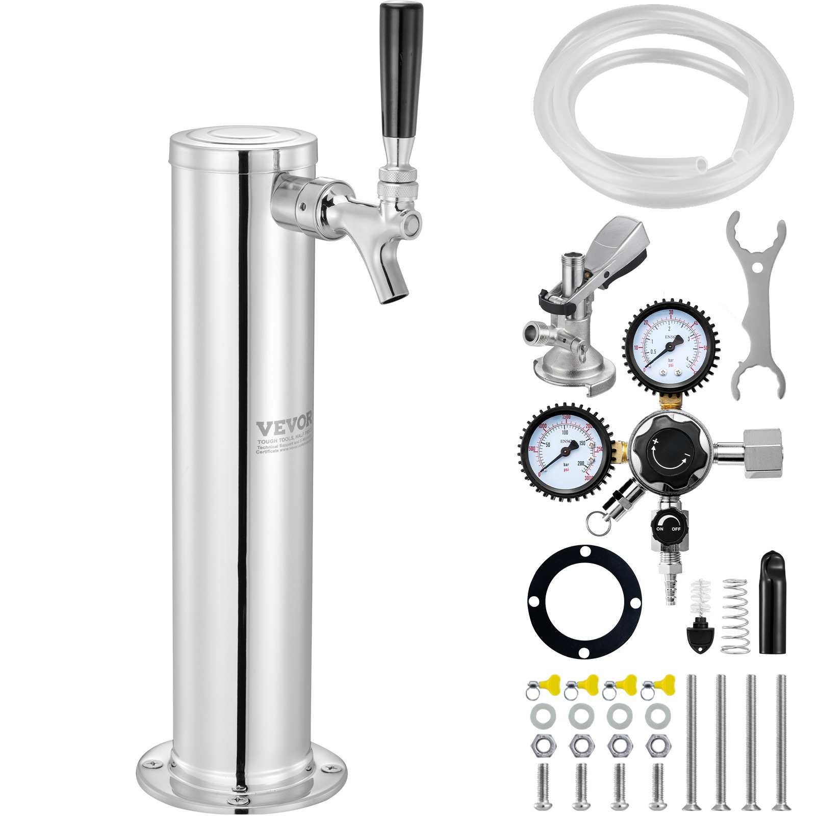 E-shop VEVOR Kegerator-Turm-Set, Einzelhahn-Bierumwandlungsset, -Zapfanlage aus Edelstahl mit Doppelmessgerät W21.8 Regler & A-System-Fasskupplung,