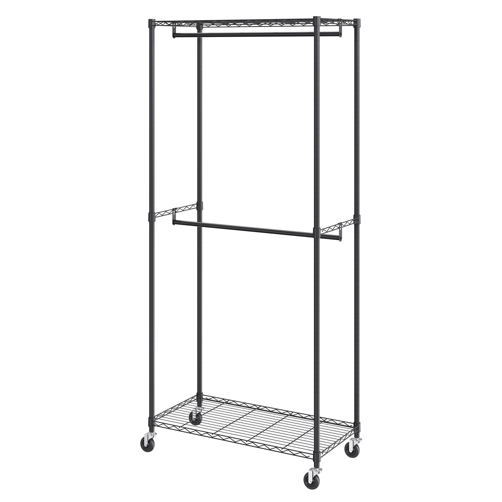Image of Vevor Heavy Duty Clothes Rack, Double Hanging Rods Clothing Garment Rack With Bottom And Top Storage Tier, Rolling Clothing Rack For Hanging Clothes, 1'' Diameter Thicken Steel Tube Hold Up To 300lbs