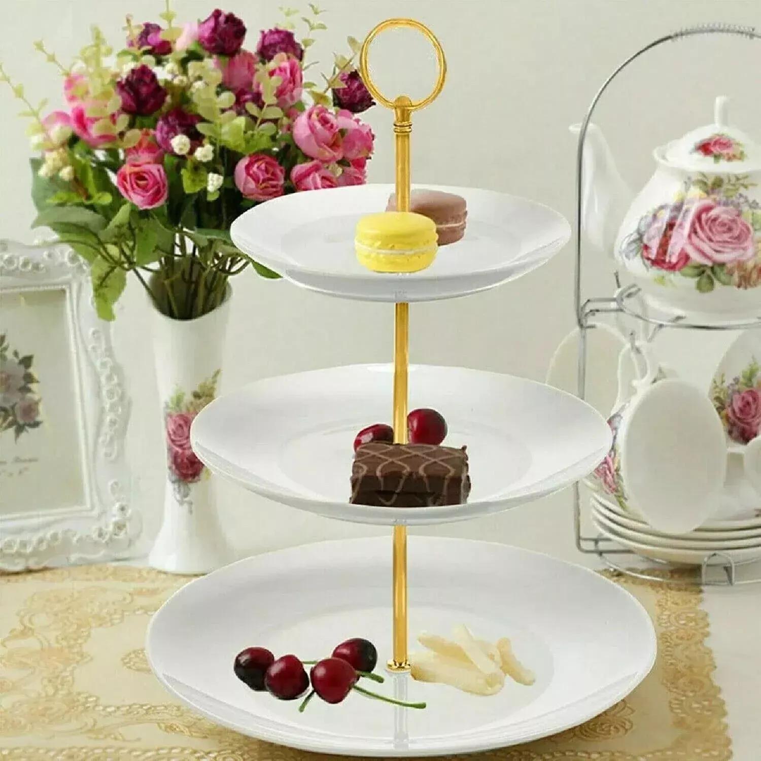 TEMU Cake Stand, 3 Tier Cake Stand Afternoon Plate Embossed Glass Cake Stand Round Display With Fittings, Reusable Food Serving Platter Stand For