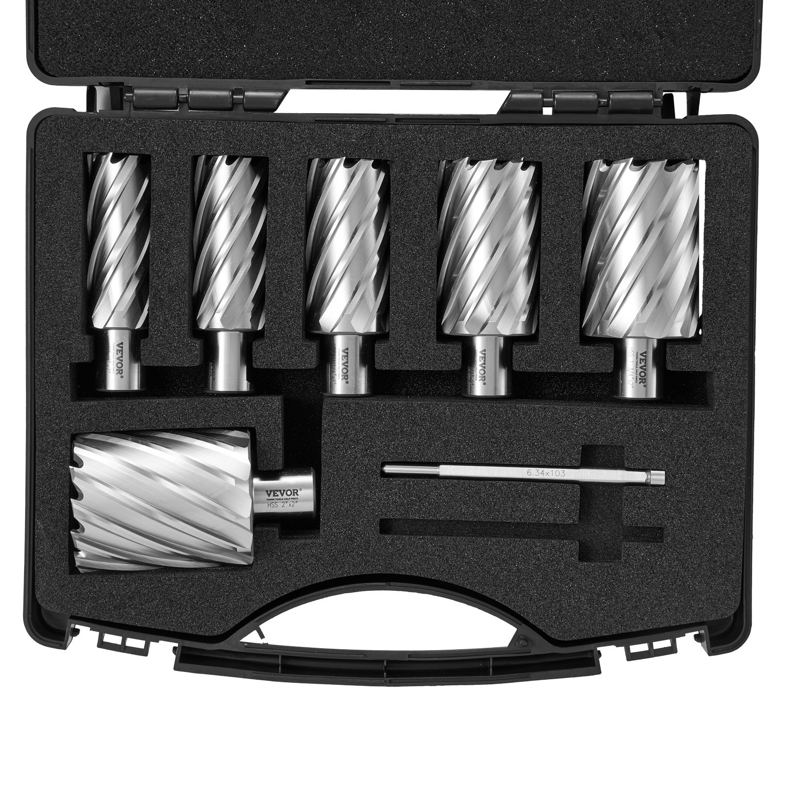 Annular Cutter Set, 6pcs Weldon Shank Mag Drill Bits, 2" Cutting Depth, 1" To 2" Cutting Diameter, M2al Steel, With 2 Pilot Pins And Portable Case, For Using With Magnetic Drills