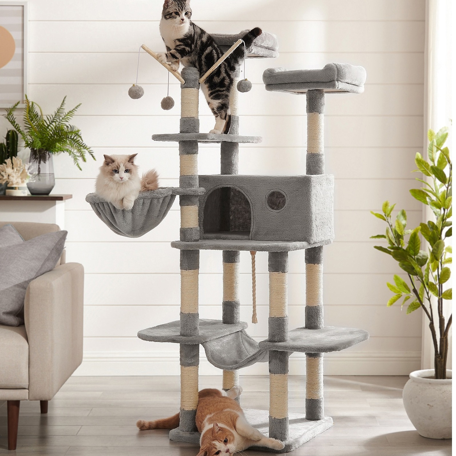 

Feandrea 164 Cm Cat Tree, Xxl Cat Tower, Multi-level Plush Cat House With 13 Scratching Posts, 2 , Cave, Basket, , Pompoms, And Tip-proof Playhouse, And Easy , Toy For Kittens And Cats