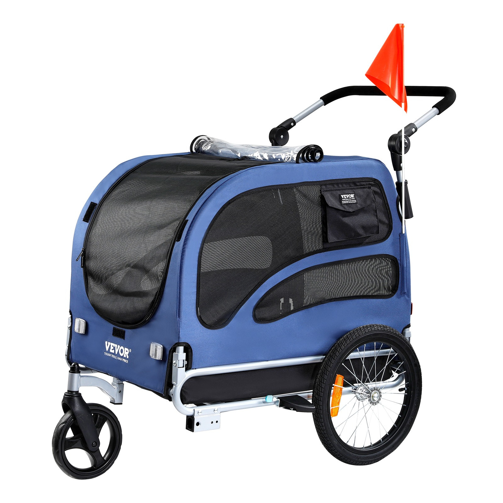 Image of Vevor Dog Bike Trailer, Supports Up To 100 Lbs, 2-in-1 Pet Stroller Cart Bicycle Carrier, Easy Folding Cart Frame Release Wheels, Universal Bicycle Coupler, Reflectors, Flag, Blue/black