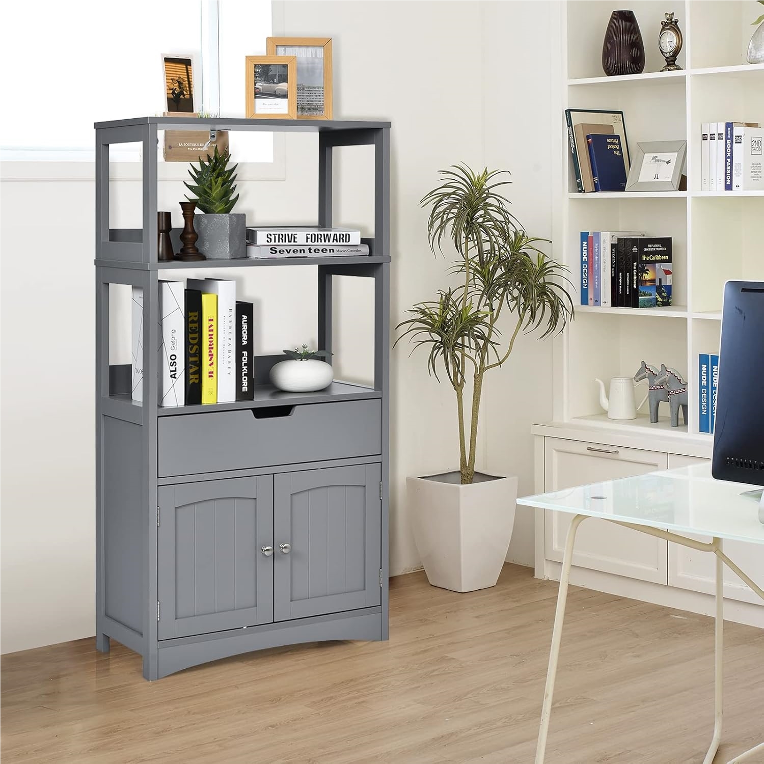 Freestanding Bathroom Cabinet, Tall Cabinet For Bathroom With 2 Doors And 3 Open Shelves And Drawer, Gray