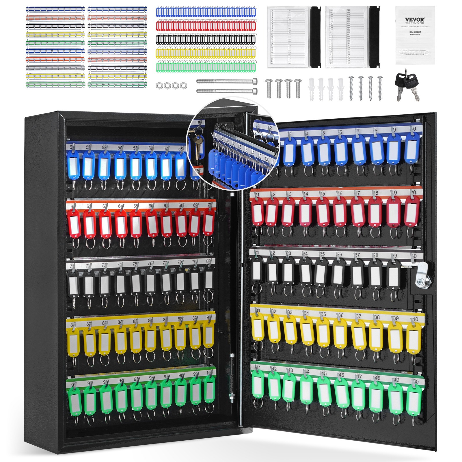 Image of Vevor 200-key Cabinet Key Lock Box With Adjustable Racks & Colorful Key Tags