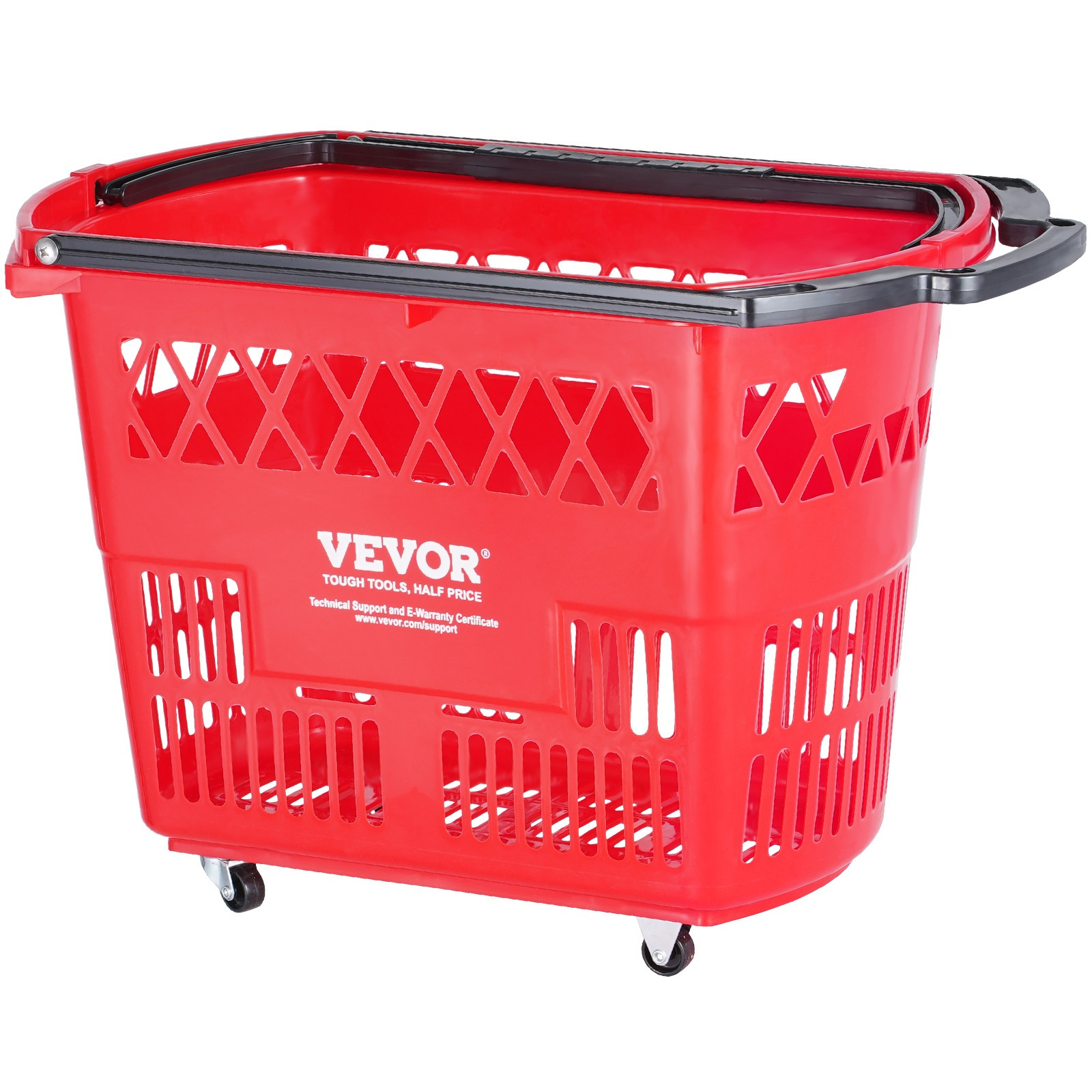 Vevor Plastic Rolling Shopping Trolley Basket On Wheels 6pcs 39l With Handle Red