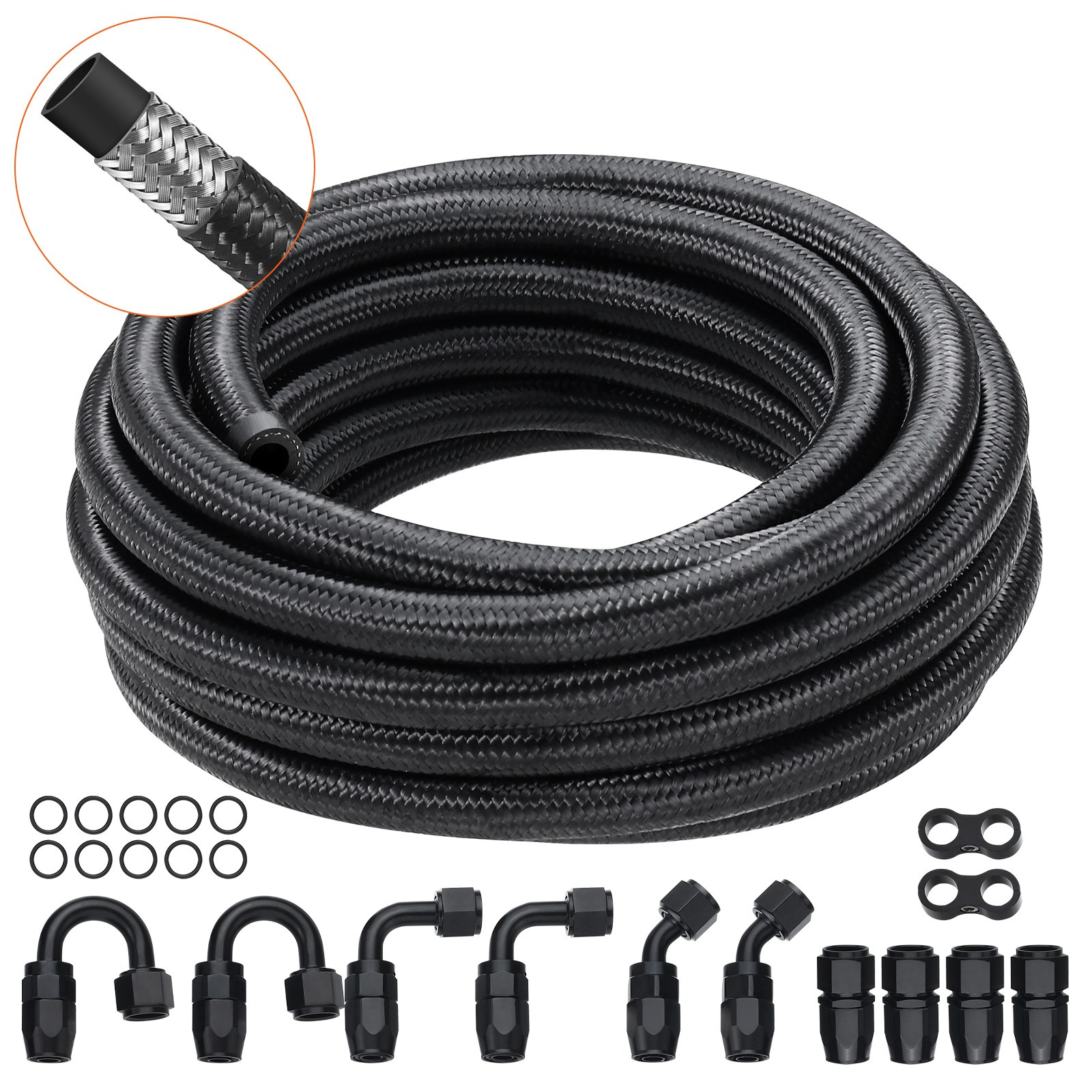 Vevor 6an 20 Ft Fuel Line Kit Stainless Steel Nylon Braided 12 Hose End Fitting