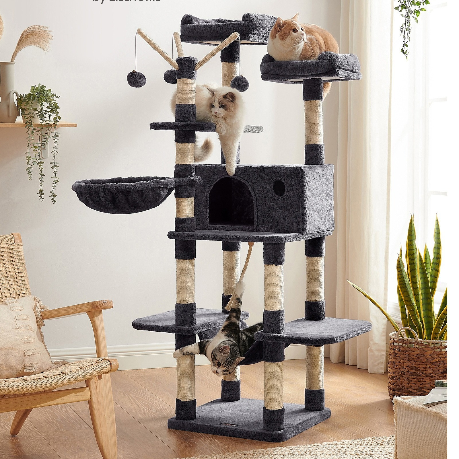 

Songmics Home 164 Cm Scratching Tree, Xxl Cat Tower, Multi-story Plush Cat House With 13 Scratching Trees, 2 , Cave, Basket, , Pom-poms, And Tip-proof Playhouse, And Easy , Toy For Kittens And Cats