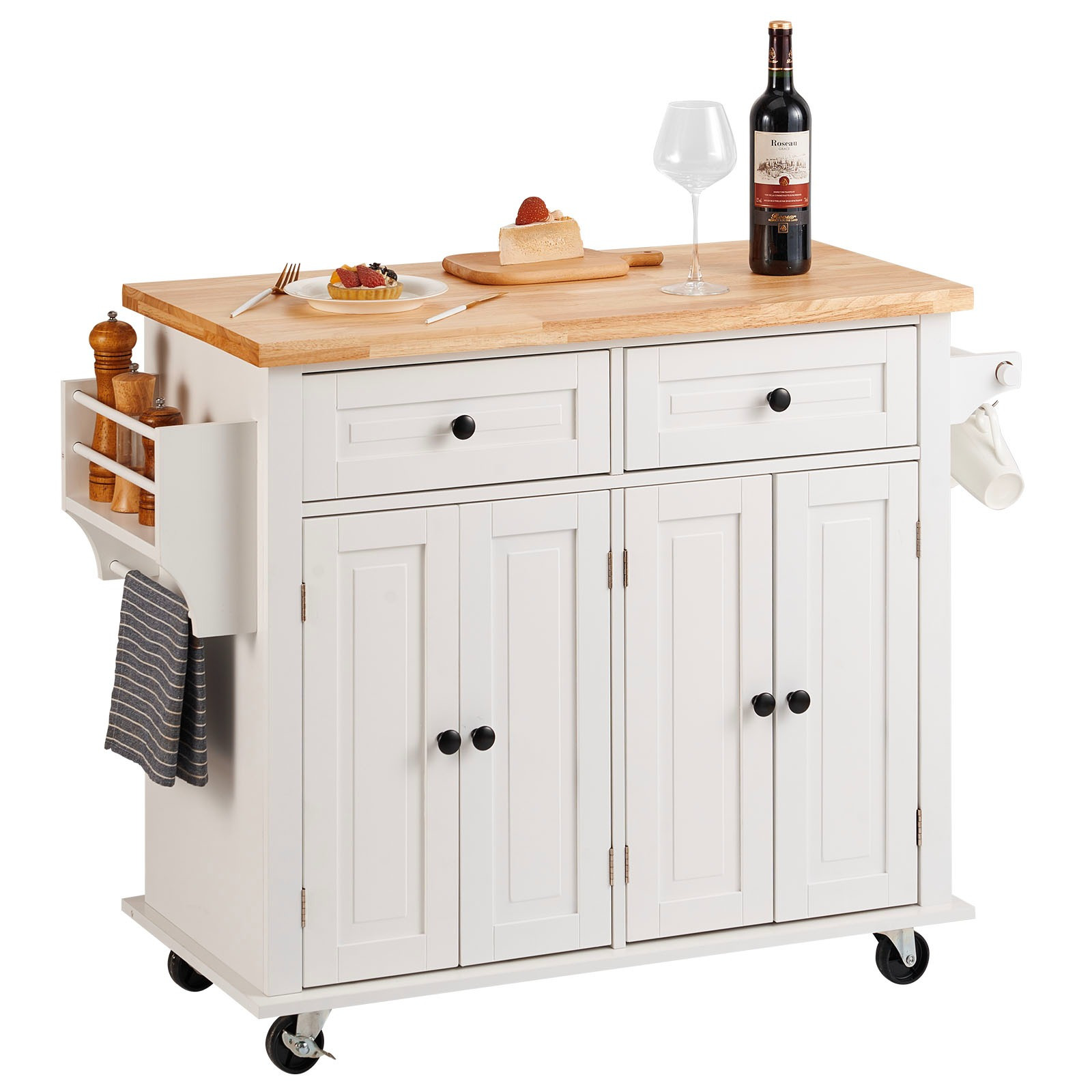 Vevor Kitchen Island Cart With Solid Wood Top, 35.4" Width Mobile Carts With Storage Cabinet, Rolling Kitchen Table With Spice Rack, Towel Rack, And Drawer, Portable Islands On Wheels, White