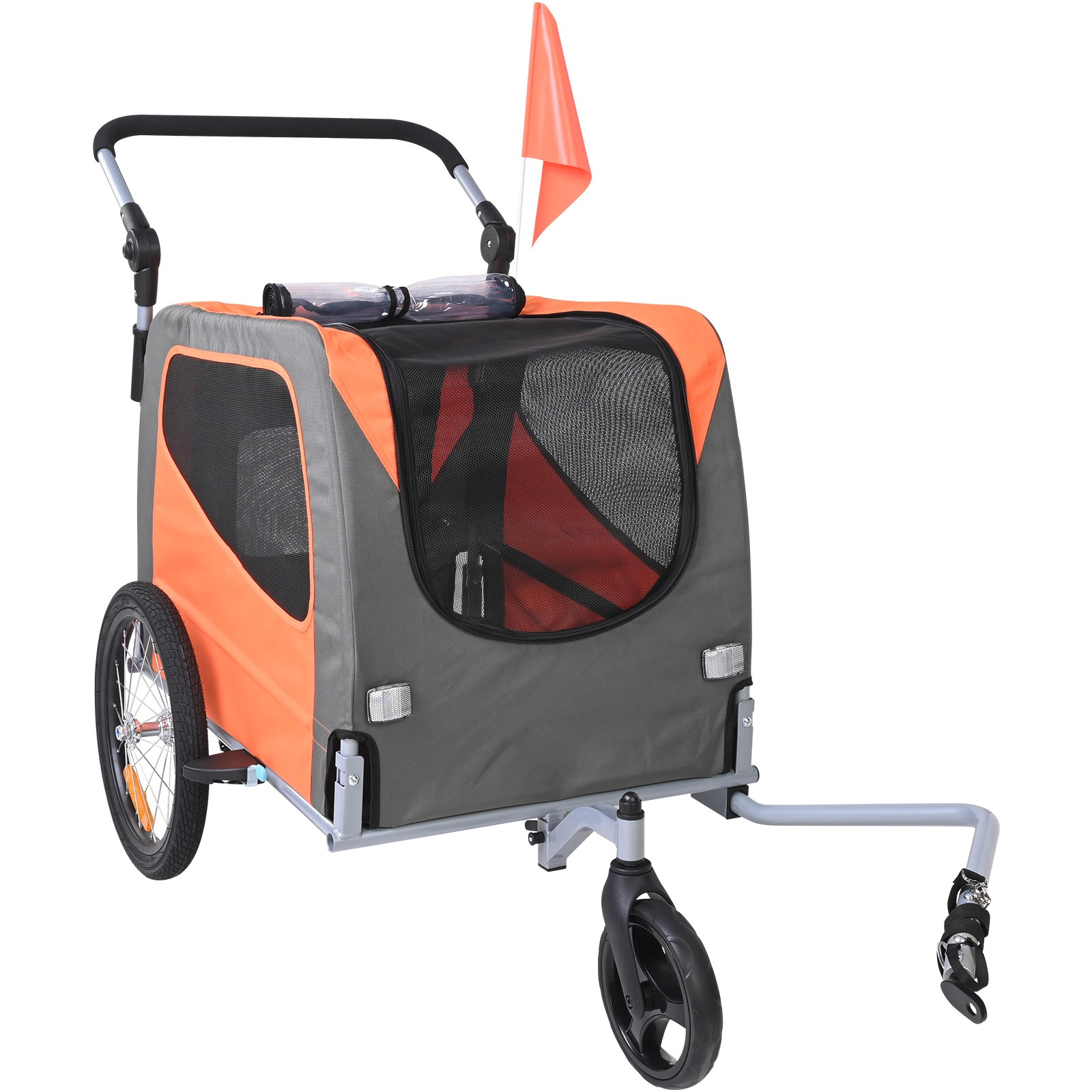 Vevor Dog Bike Trailer, Supports Up To 66 Lbs, 2-in-1 Pet Stroller Cart Bicycle Carrier, Easy Folding Cart Frame Release Wheels, Universal Bicycle Coupler, Reflectors, Flag, Orange/gray
