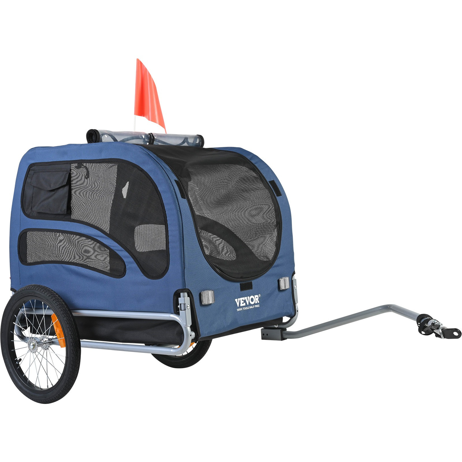 Image of Vevor Dog Bike Trailer, Supports Up To 100 Lbs, Pet Cart Bicycle Carrier, Easy Folding Frame Release Wheels, Universal Bicycle Coupler, Reflectors, Flag, Collapsible To Store, Blue/black