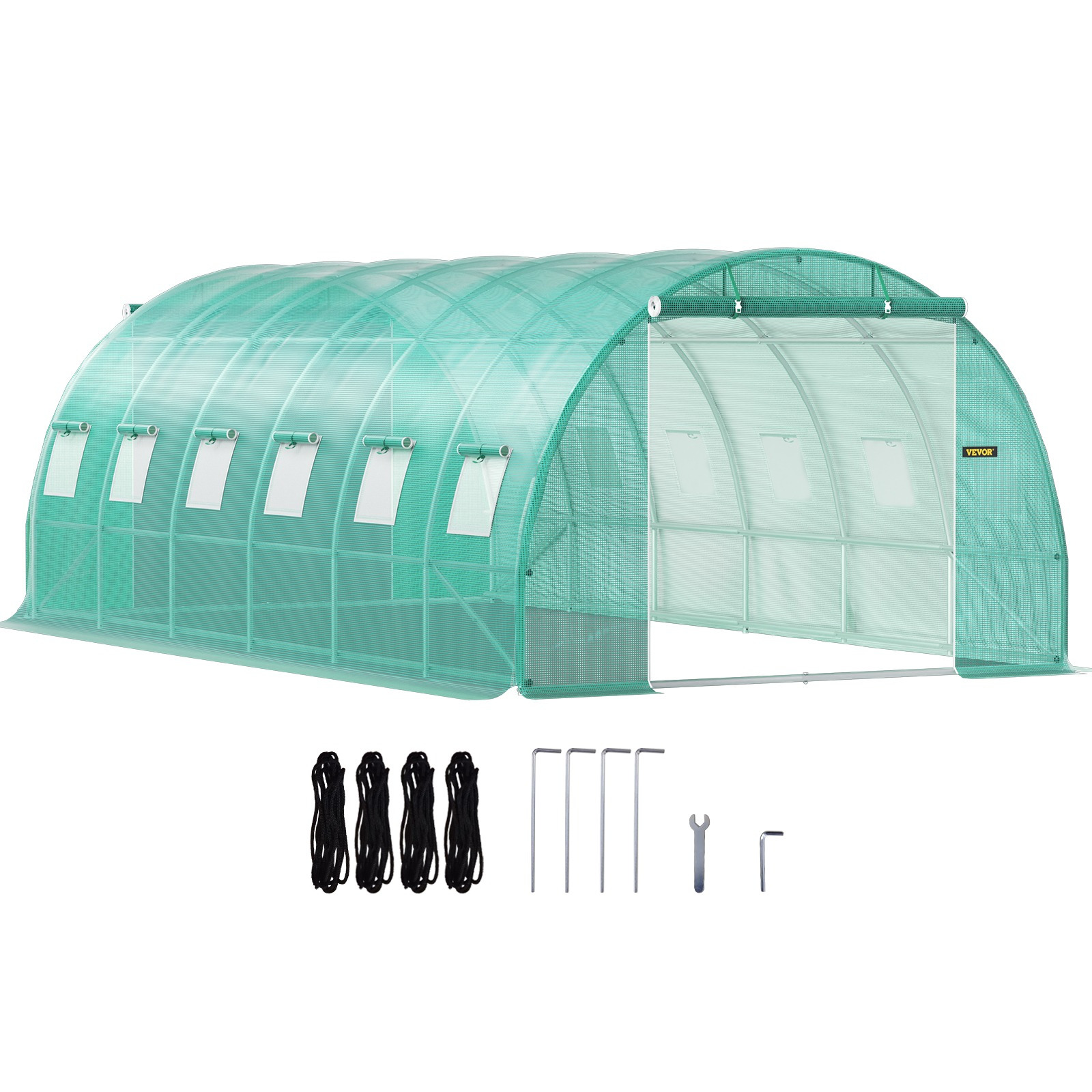 Vevor Walk-in Tunnel Greenhouse, X 7 Ft Portable Plant W/ Galvanized Steel Hoops, 3 Top Beams, 4 Diagonal Poles, 2 Zippered Doors & 12 Roll-up Windows, Green