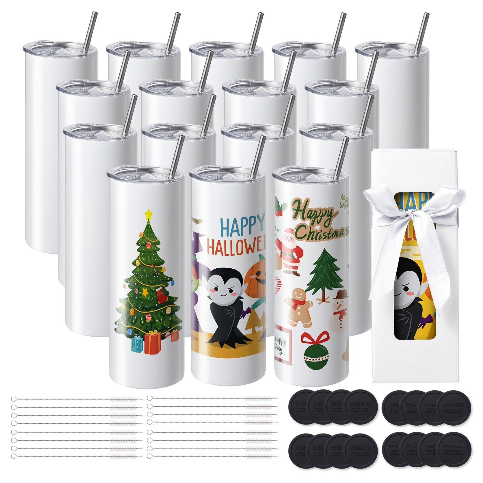 Vevor 16 Pack Sublimation Tumblers 20oz Skinny Straight, Stainless Steel Sublimation Tumblers Blank, Stainless Steel Double Wall Tumbler For Heat Transfer Gifts With Lid And Straw, Gift Box