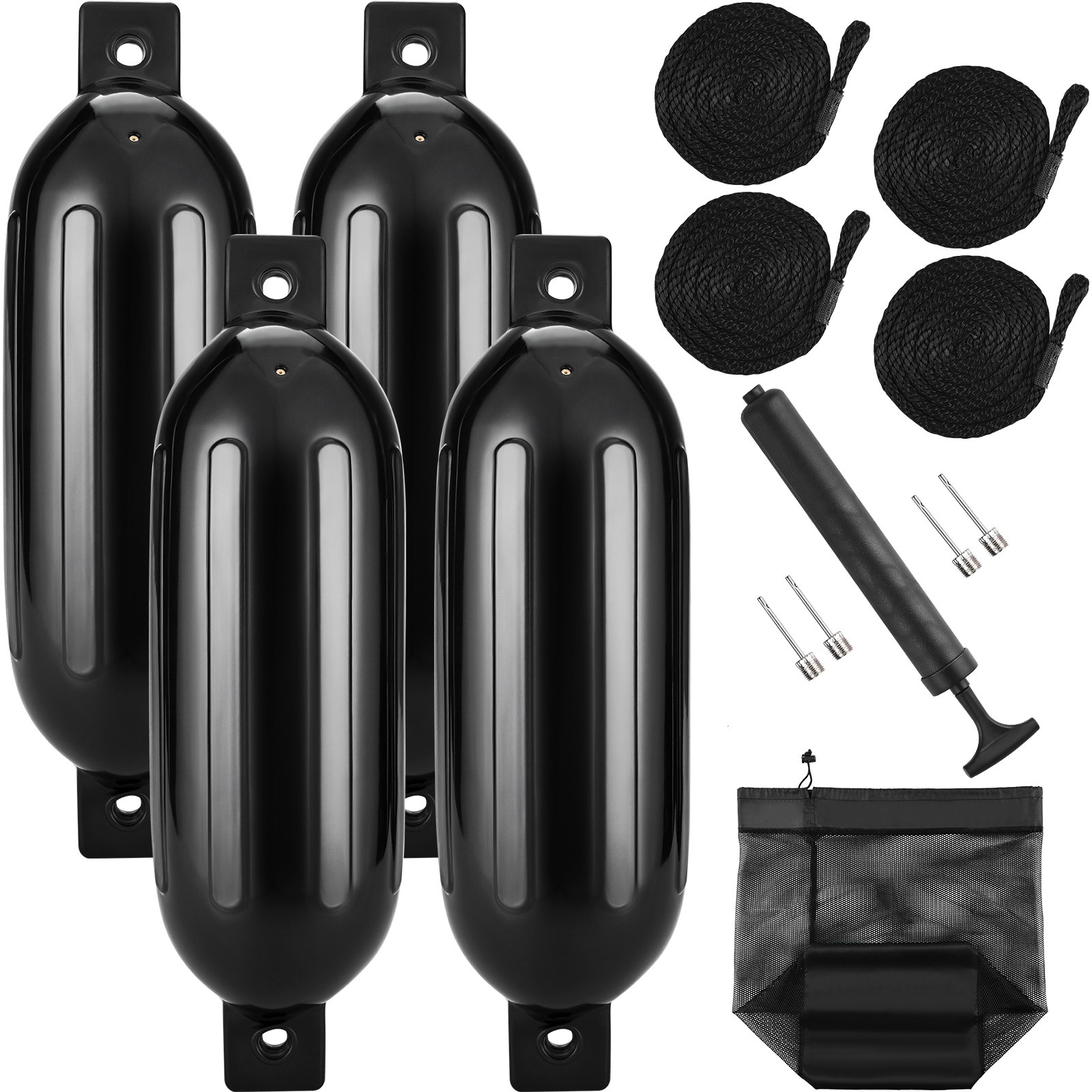 Image of Vevor Boat Fenders, 8.5" X 26" Boat Bumpers For Docking, Inflatable Ribbed Fender With Center Holes, Marine Boat Dock Fender Bumper With Air Pump, 4 Needles And 4 Ropes And Storage Bag, Black