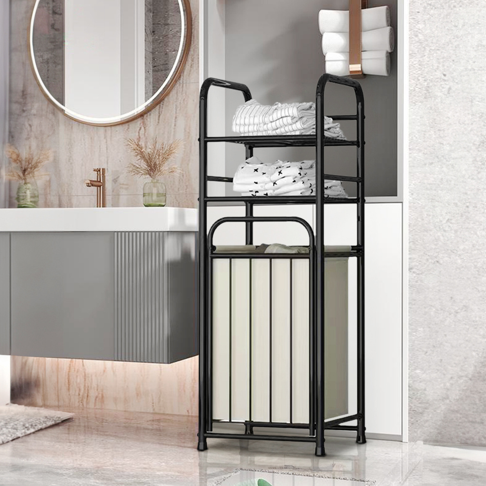 Laundry Hamper with 2 Tier Shelves, Removable Liner Bag