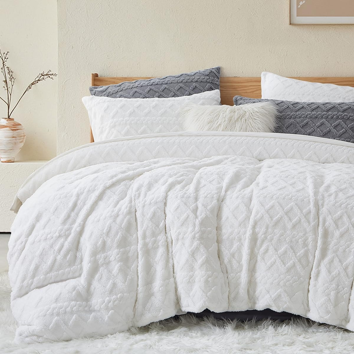 

Warm Bedding White Flannel Fluffy Plush Winter Bedding Quilted Geometric Cozy Duvet Cover 2/3 Piece Winter Warm Reversible Bedding Super Duvet Cover With Zipper And Pillowcase 80x80 Cm