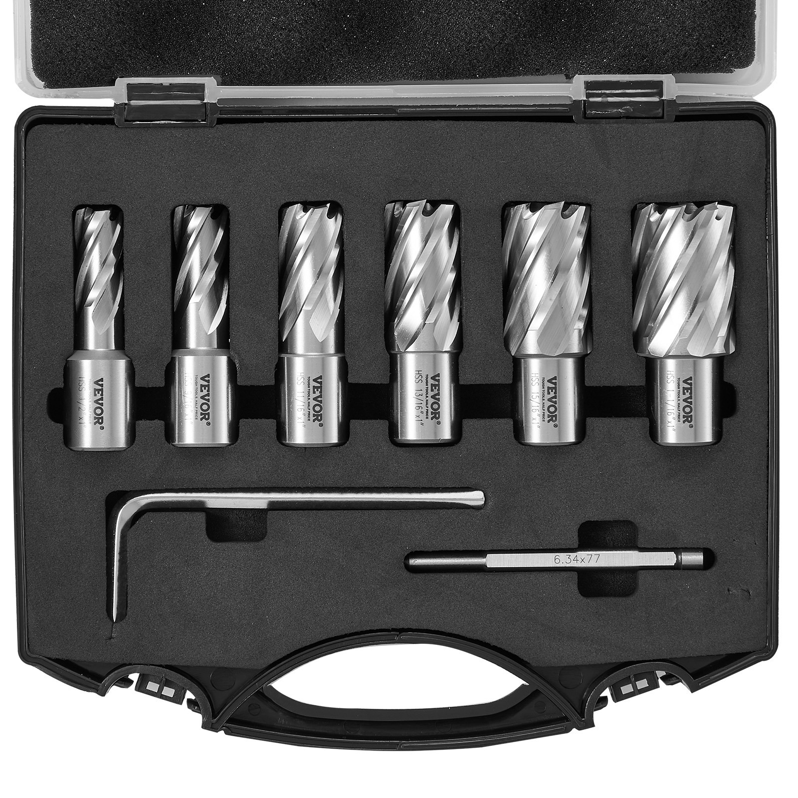 Image of Vevor Annular Cutter Set, 6 Pcs Weldon Shank Mag Drill Bits, 1" Cutting Depth, 1/2" To 1-1/16" Cutting Diameter, M2al Steel, With Pilot Pin And Portable Case, For Using With Magnetic Drills