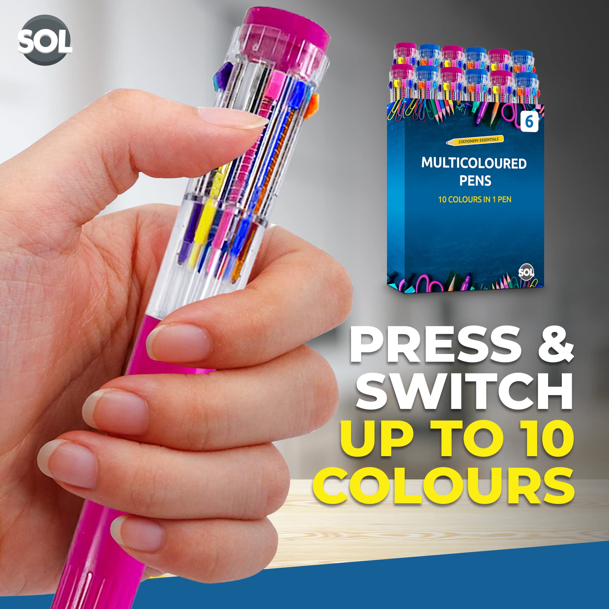 SOL 12 Pack 10-in-1 Multi-Coloured Pens for Drawing and Note-Taking