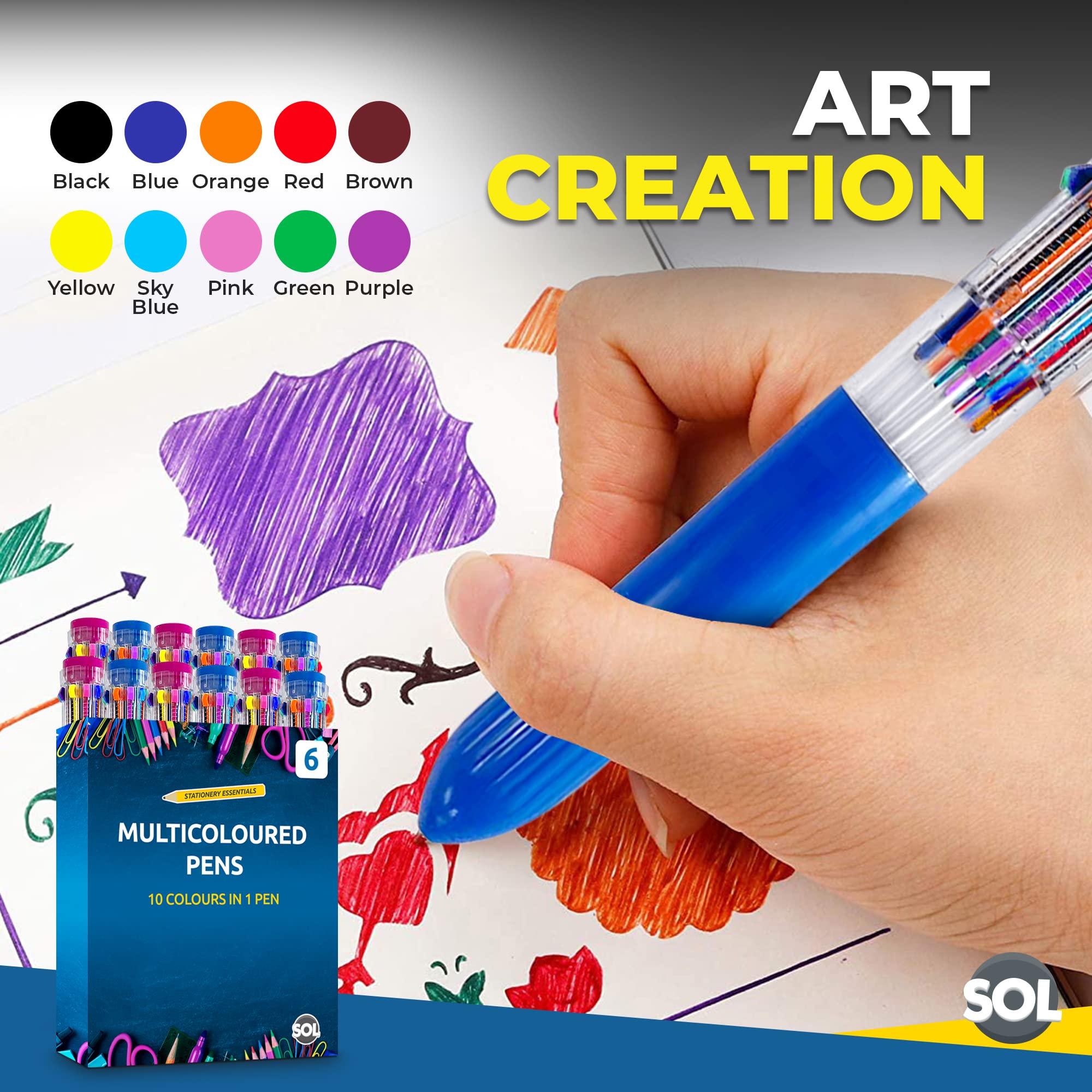 SOL 12 Pack 10-in-1 Multi-Coloured Pens for Drawing and Note-Taking