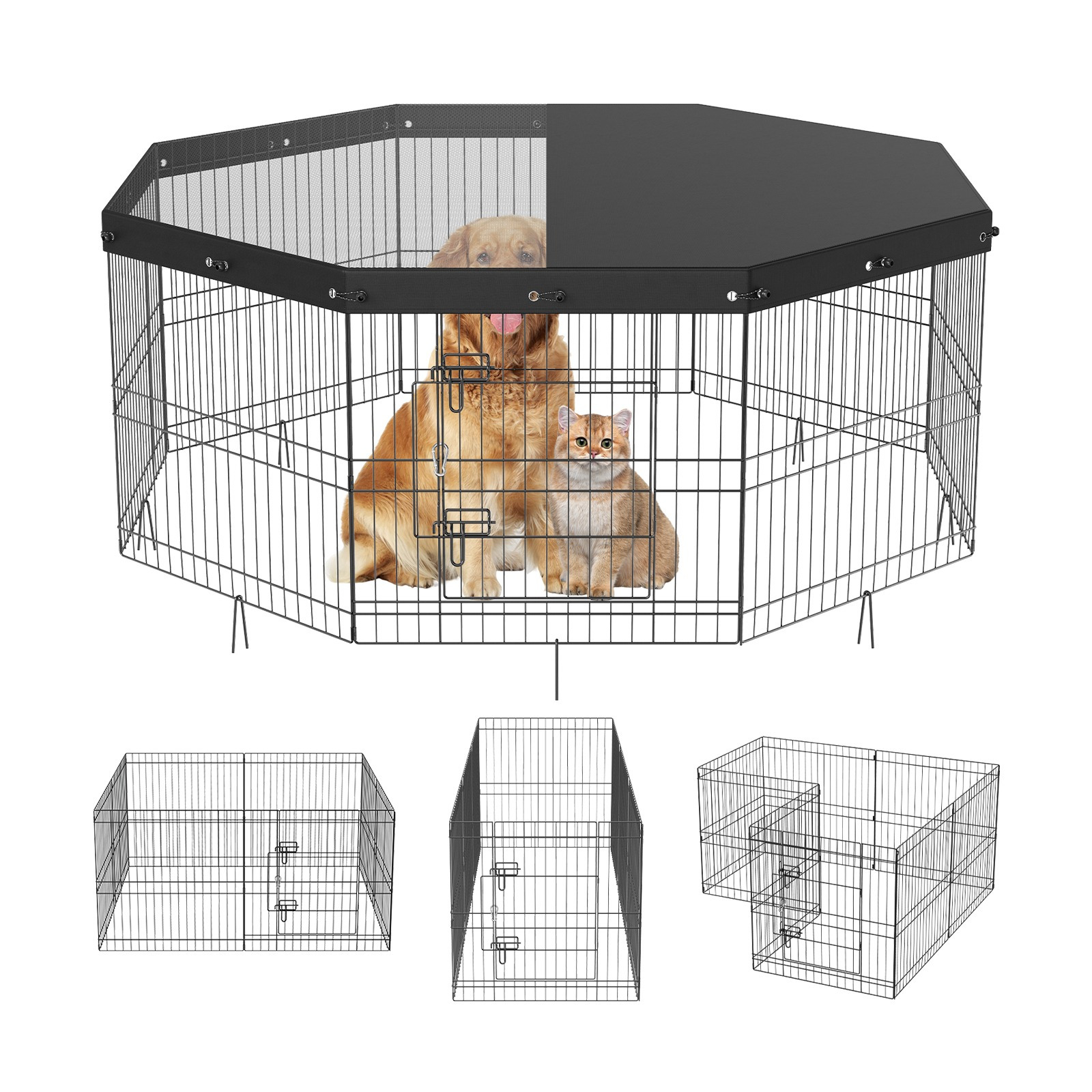 Vevor Dog Playpen, 8 Panels Foldable Metal Dog Exercise Pen With Top Cover, 24" H Pet Fence Puppy Crate Kennel With Ground Stakes, Indoor Outdoor Dog Pen For Small Medium Pets, For Camping, Yard