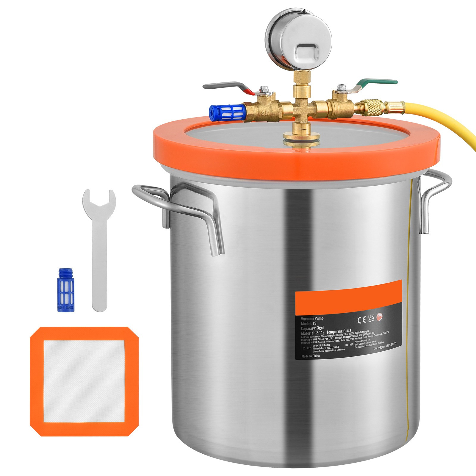 Vevor 19l Vacuum Chamber With Tempered Glass Lid, 5 Gal Stainless Steel 304 Vacuum Bucket, Degassing Chamber, Vacuum Container Degassing