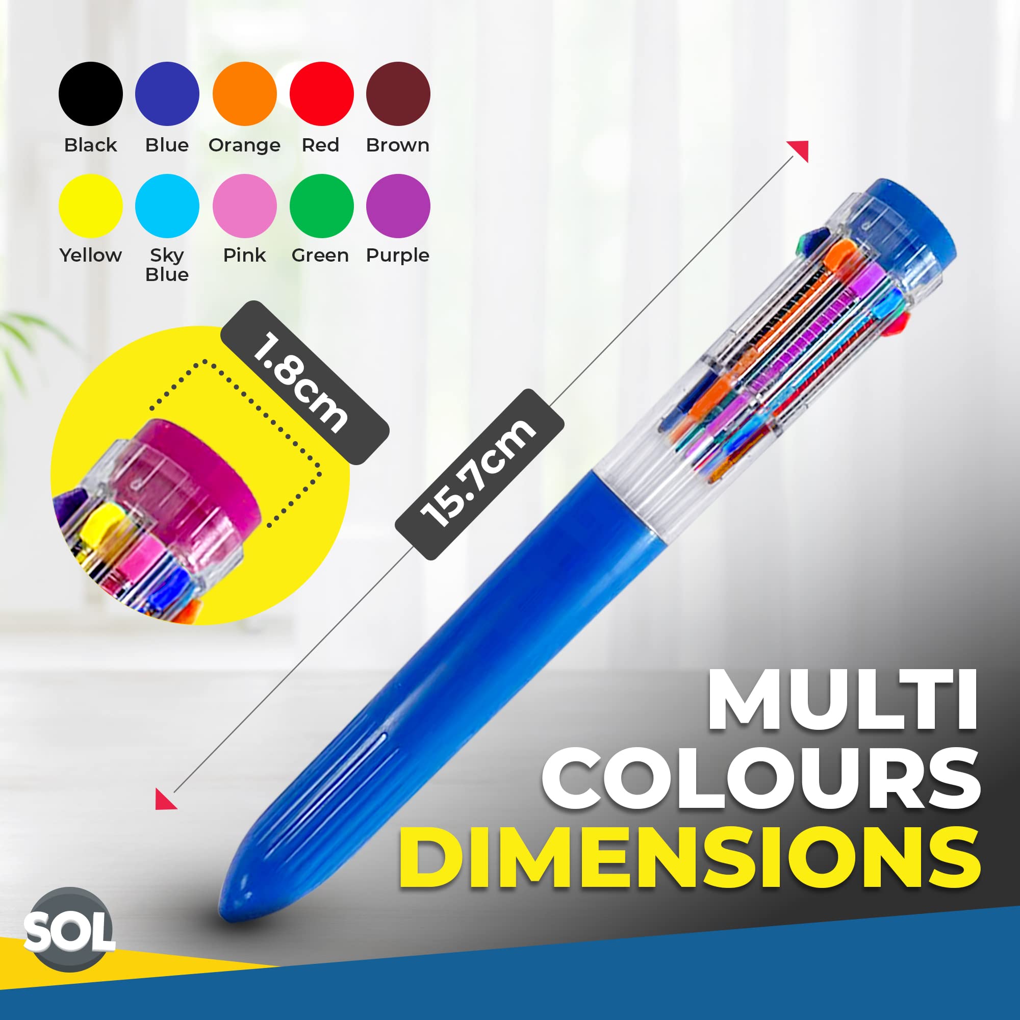 SOL 12 Pack 10-in-1 Multi-Coloured Pens for Drawing and Note-Taking