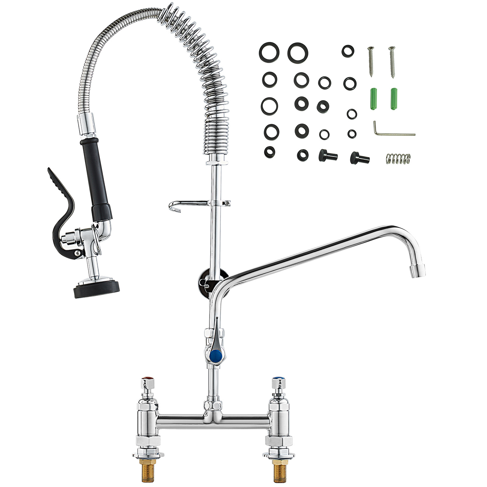 Image of Vevor Commercial Faucet With Sprayer, 26" Height, 8" Center, 12" Swing Spout, Deck Mount Kitchen Sink Faucet, Brass Constructed Pull Down Spray, For 1/2/3 Compartment Sink