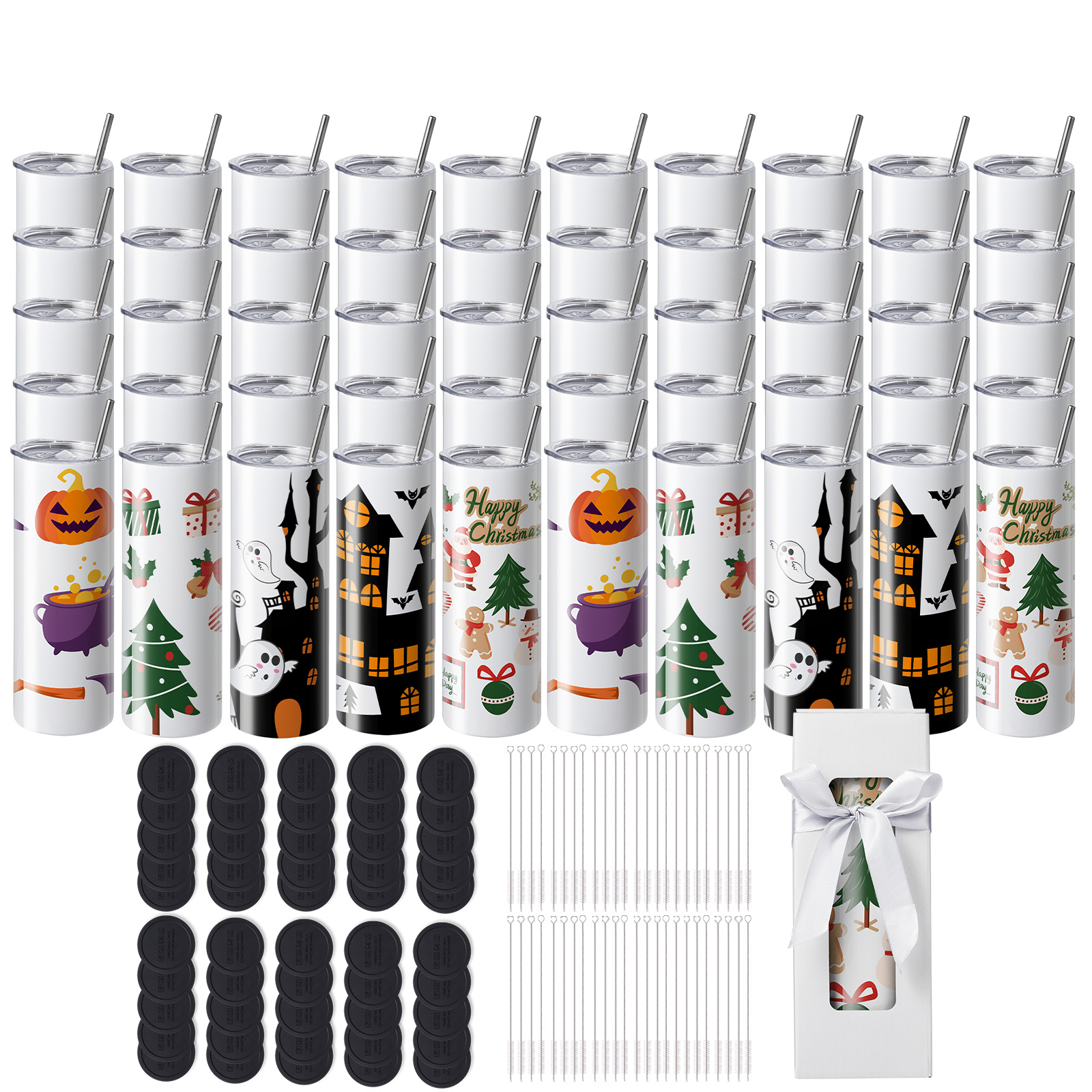 Image of Vevor 50 Pack Straight Sublimation Tumblers, 20 Oz Blank Tumbler Bulk, Stainless Steel Double Wall Tumbler Cups With Straw, Lid, Brush, Base, Shrink Wrap, Gift Box, For Heat Press And Heat Transfer