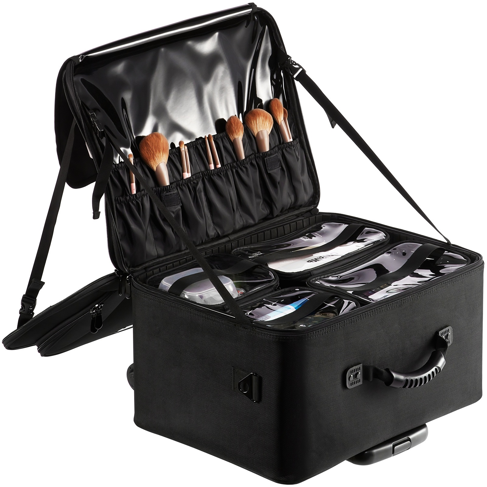 Vevor Rolling Makeup Train Case Large Storage 3 Tiers, Convenient Carry With Handle, Wheels, Strap, Professional Makeup Storage Organizer Box Make Up Carrier Waterproof Oxford, Black