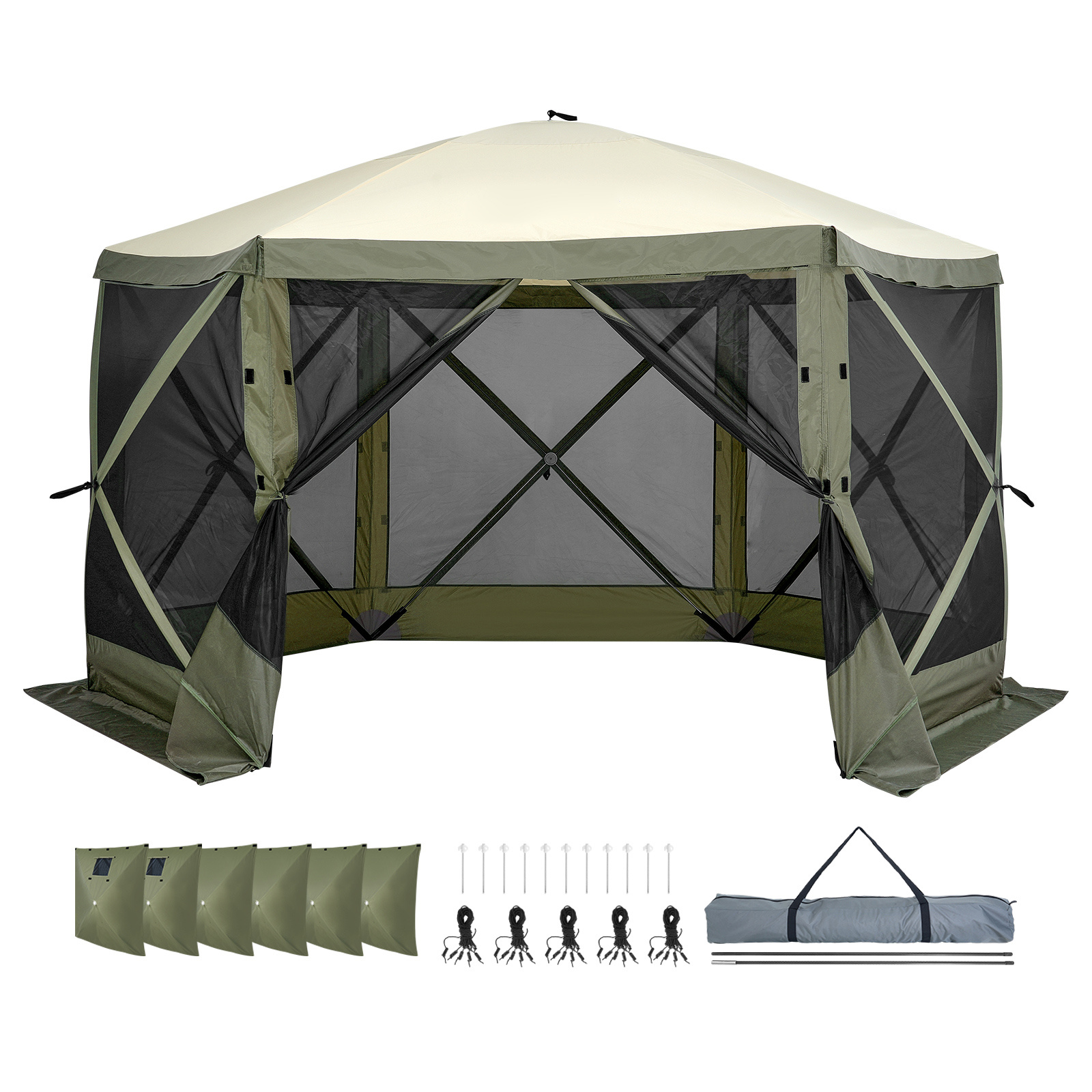 Vevor Pop Up , Pop-up Screen Tent 6 Sided Canopy Sun Shelter With 6 Removable Privacy Wind Cloths & Mesh Windows, 12x12ft Screen Tent With Netting, Army Green
