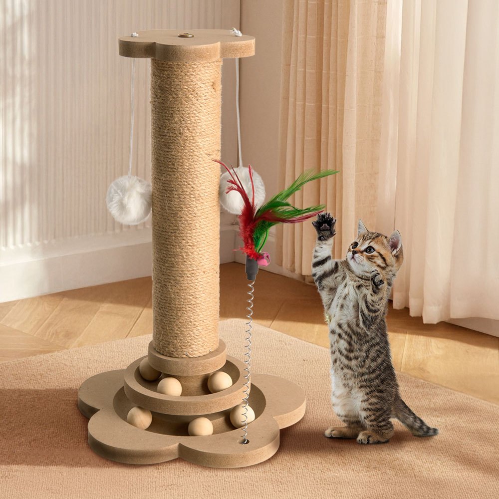 TEMU Cat Scratching Post For Indoor Cats With Solid Wooden Base Cat Post With Interactive Track Ball Toys Kitten Small Scratcher Post Funny Cat