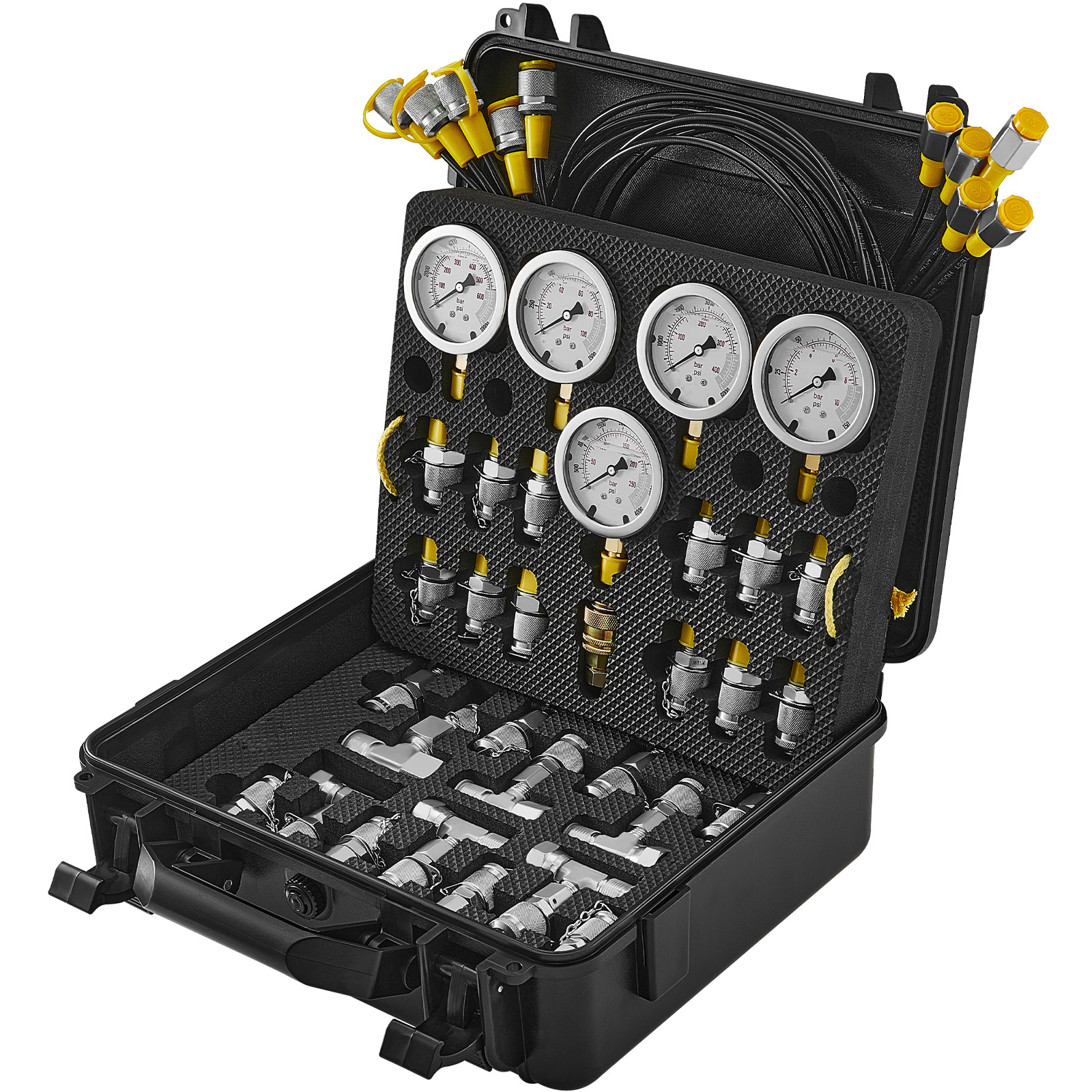 Vevor Hydraulic Pressure Test Kit, 10/100/250/400/600bar, 5 Gauges 13 Couplings 14 Tee Connectors 5 Test Hoses, Excavator Hydraulic Test Gauge Set With Carrying Case For Excavator Tractors Machinery