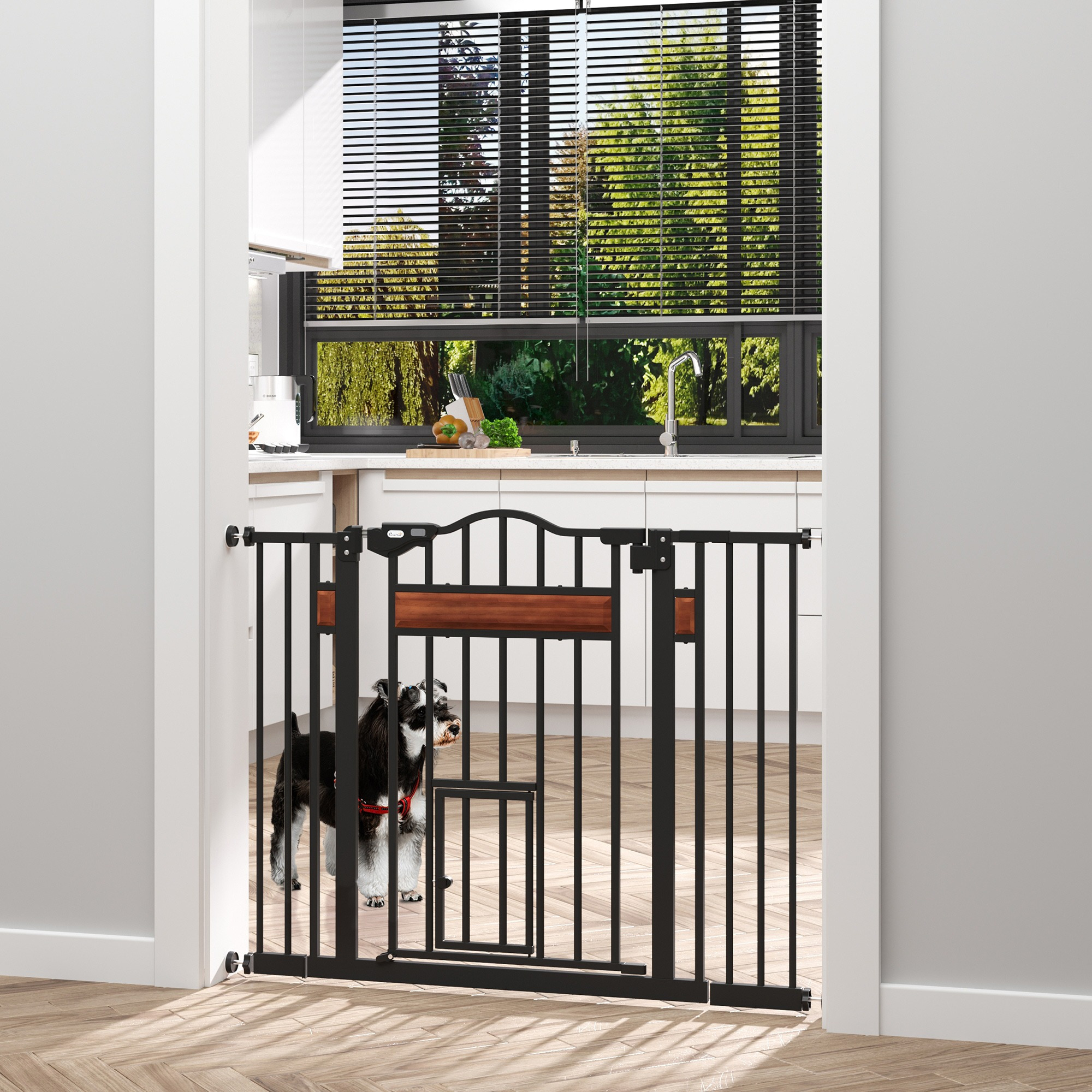 PawHut Dog Gate with Cat Flap & Double Locking, Pet Safety Barrier for Doorways, 75-82 cm, Black