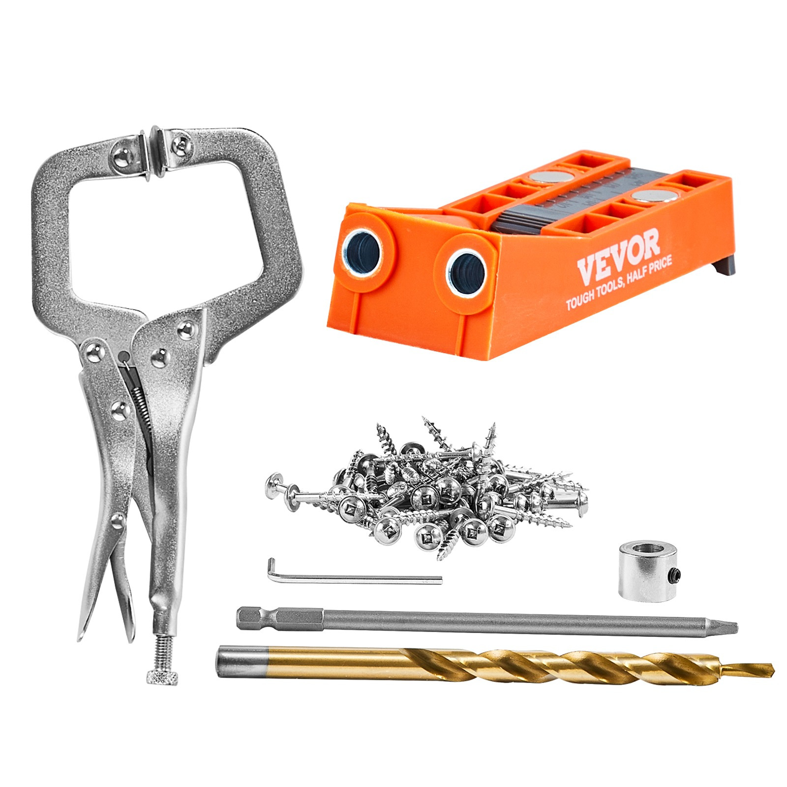 Image of Vevor 50 Piece Pocket Hole Jig Kit With Square Tip C-clamps Angle Drilling Jig Set For Woodworking Carpenters, 0.75kg Pocket Hole Jig Set In Nylon 50 Screws
