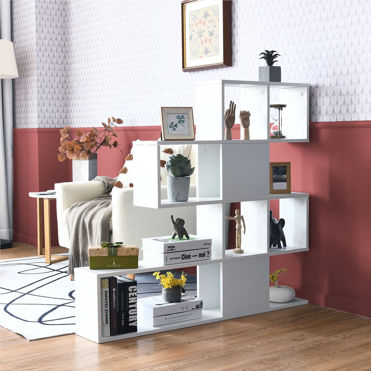 4-tier Bookshelf, Room Divider Shelf, Free-standing Wooden Staircase Shelf, White