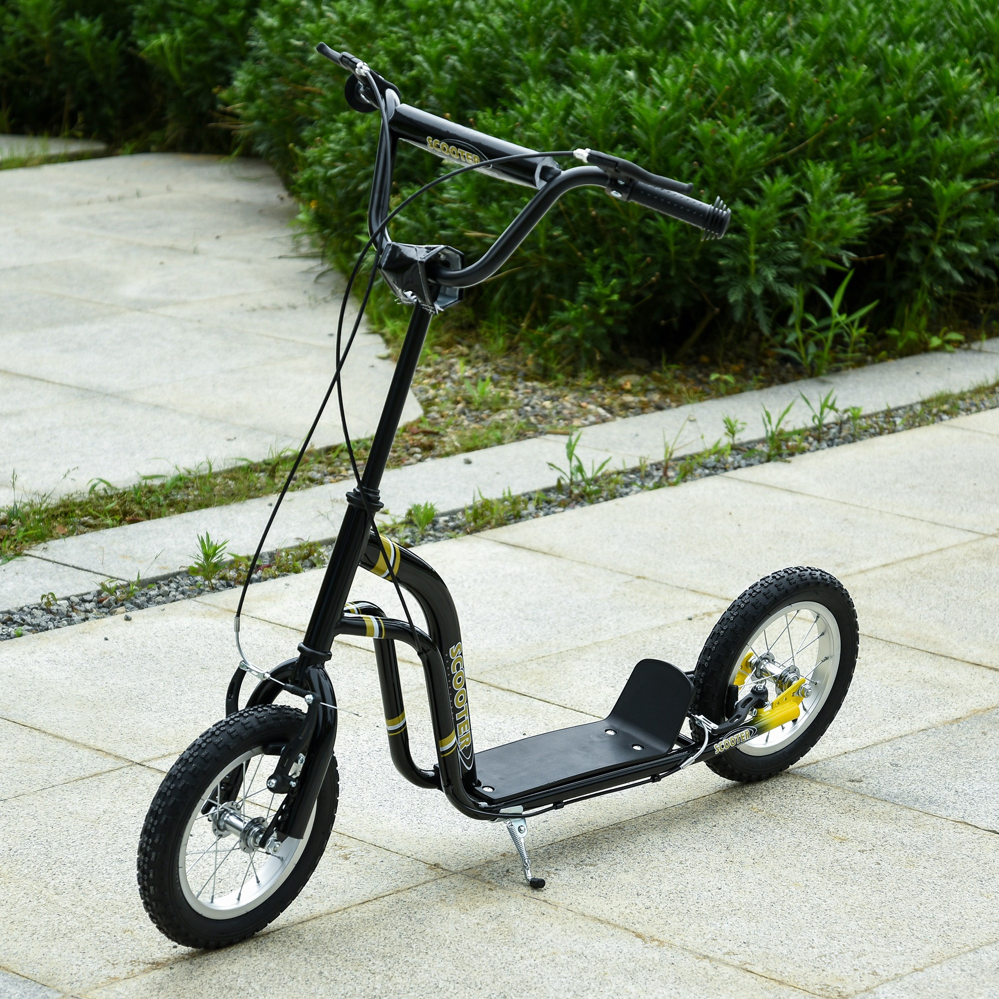 TEMU Monopatín HOMCOM para niños mayores de 5 años Neumáticos grandes Manillar ajustable 2 frenos manuales Soporte lateral 120 X 58 X 85-95 Cm Negro