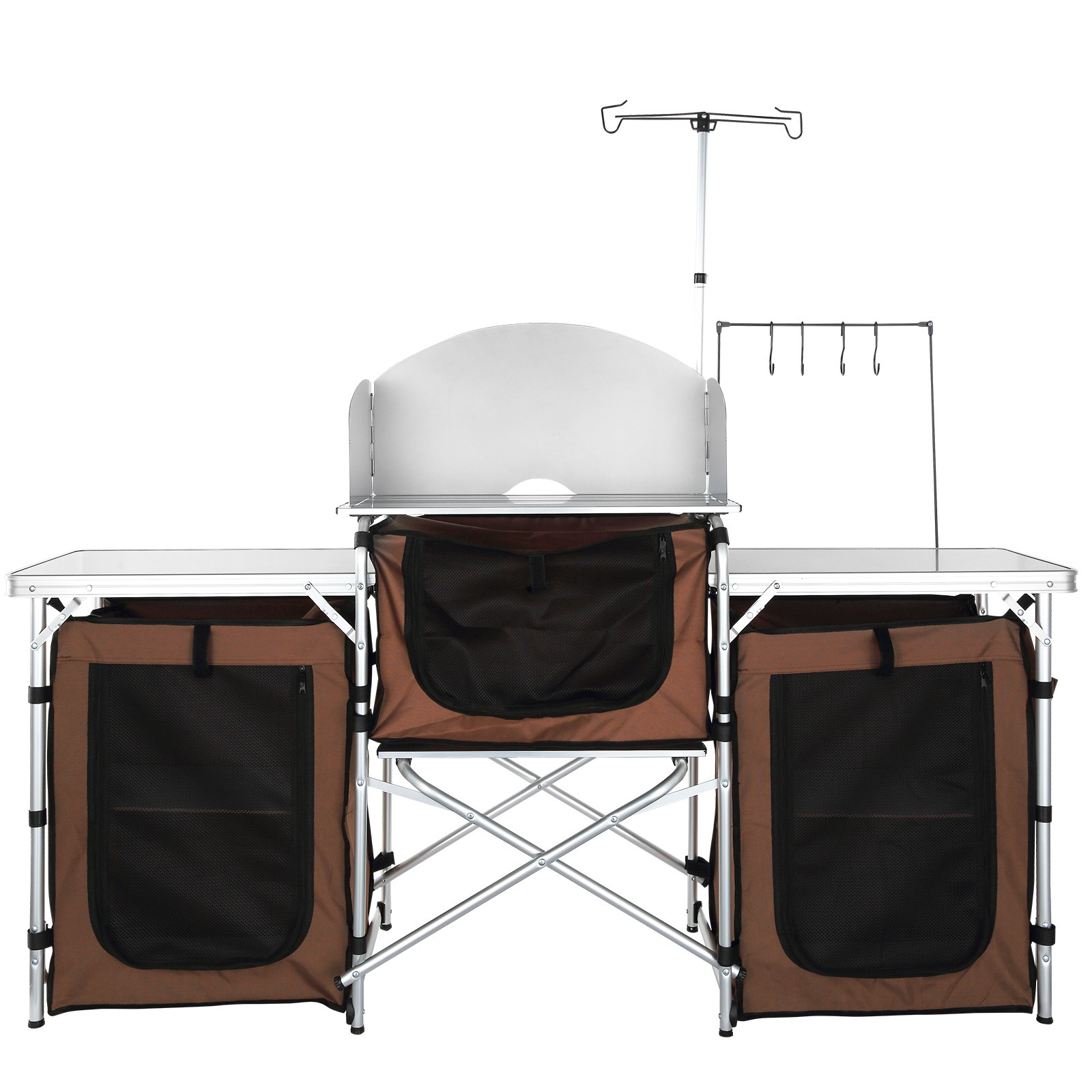 Image of Camping Kitchen Table, Folding Outdoor Cooking Table With Storage Carrying Bag, Aluminum 3 Cupboard & Detachable Windscreen, -up For Picnics, Bbq, Rv Traveling, Brown