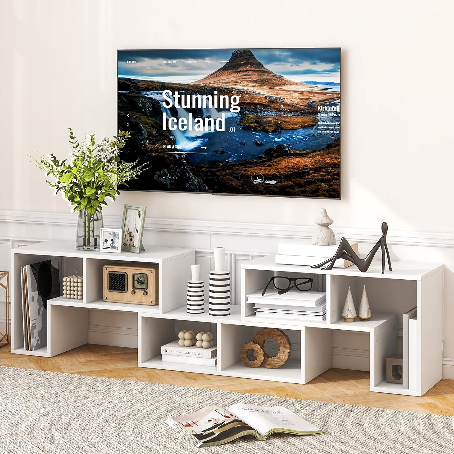 Wooden Tv Cabinet, 3 Pieces, Combinable, Tv Stand For Televisions Up To 65 Inches, White