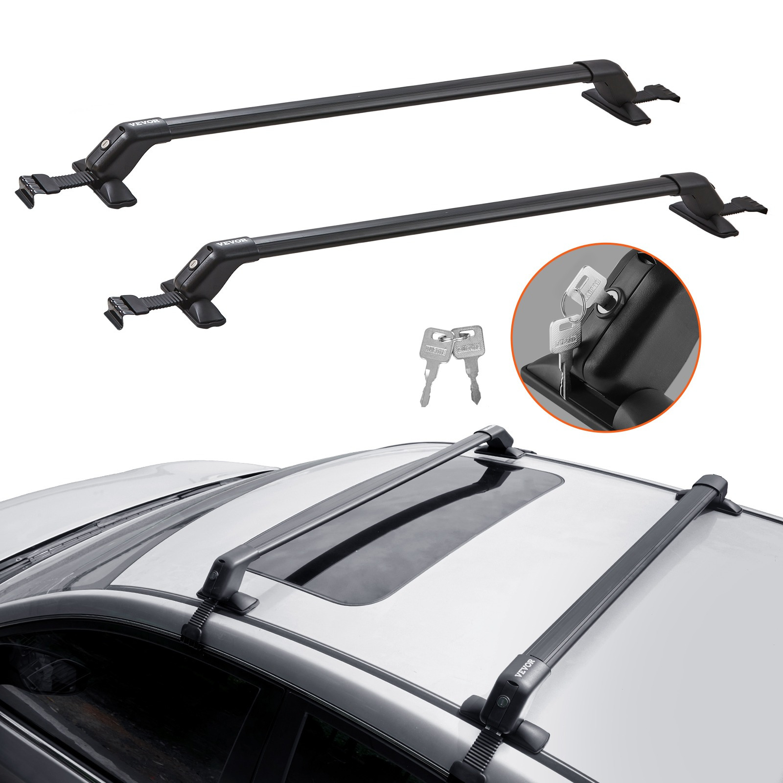 Image of Vevor Universal Roof Rack Cross Bars, Aluminum Roof Rack Crossbars, Without Side Rail, 155 Lbs Load Capacity, Adjustable Roof Crossbars With Locks, For Suvs, Sedans, And