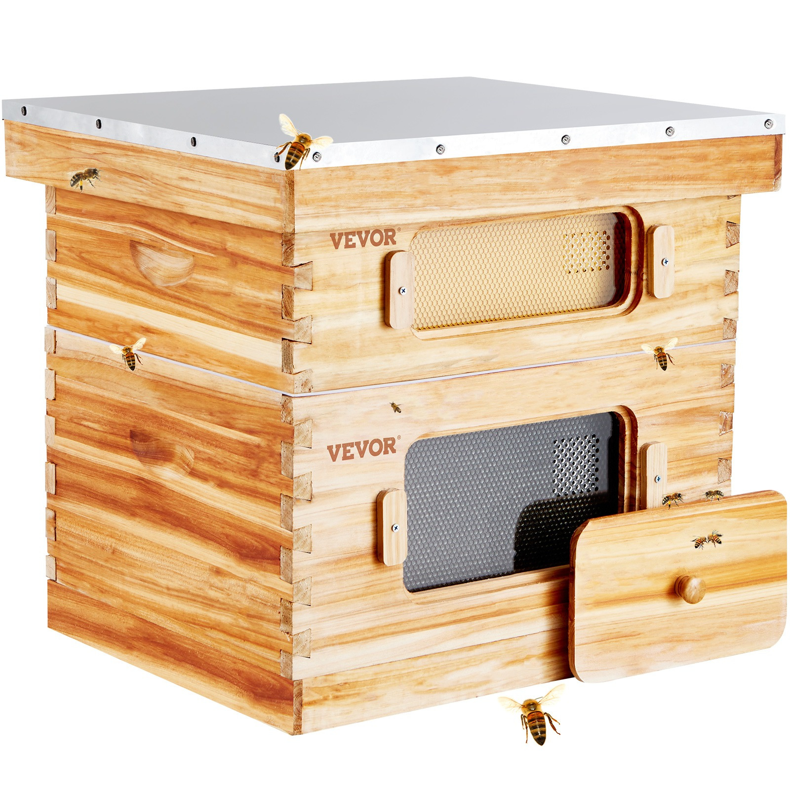 TEMU Kit de démarrage pour à 20 cadres VEVOR Bee Hive, bois de cèdre recouvert de cire d'abeille, 1 profonde + 1 moyenne Kit de , fenêtres en