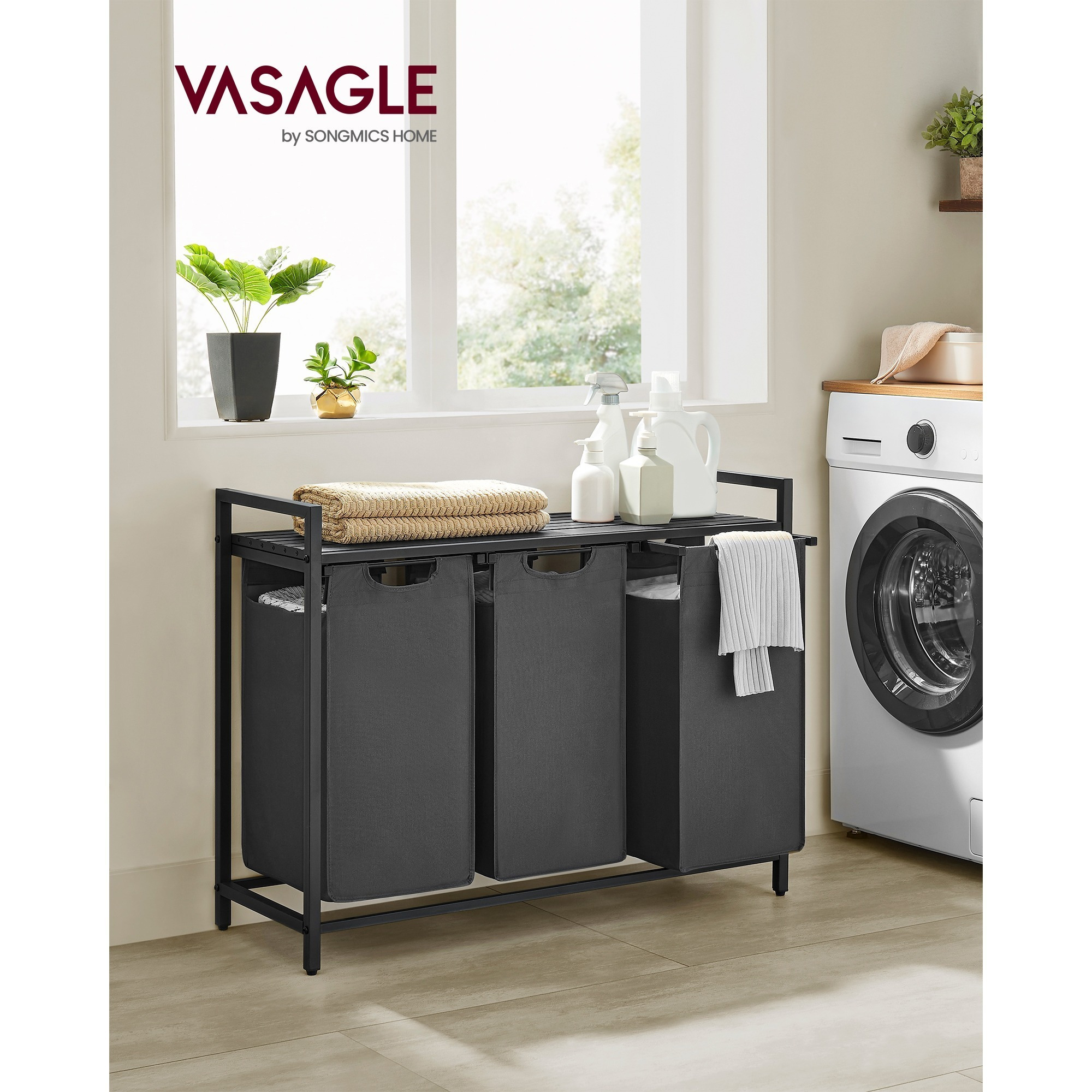 

Vasagle Laundry Basket, Laundry Holder, 3 Removable Oxford Fabric Bags, Shelf, Metal Frame, 3 X 38l, 92.5 X 33 X 72 Cm, And Black/black And Grey/white