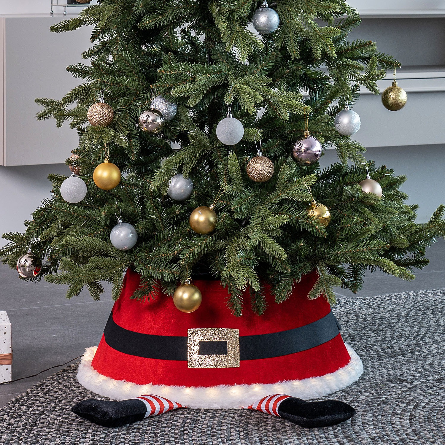 TEMU Taylor & Brown Led Santa Christmas Tree Skirt Belt Design Red Festive Stand Base Xmas Tree Collar Basket Cover Decoration Tidy Home Décor 56 X