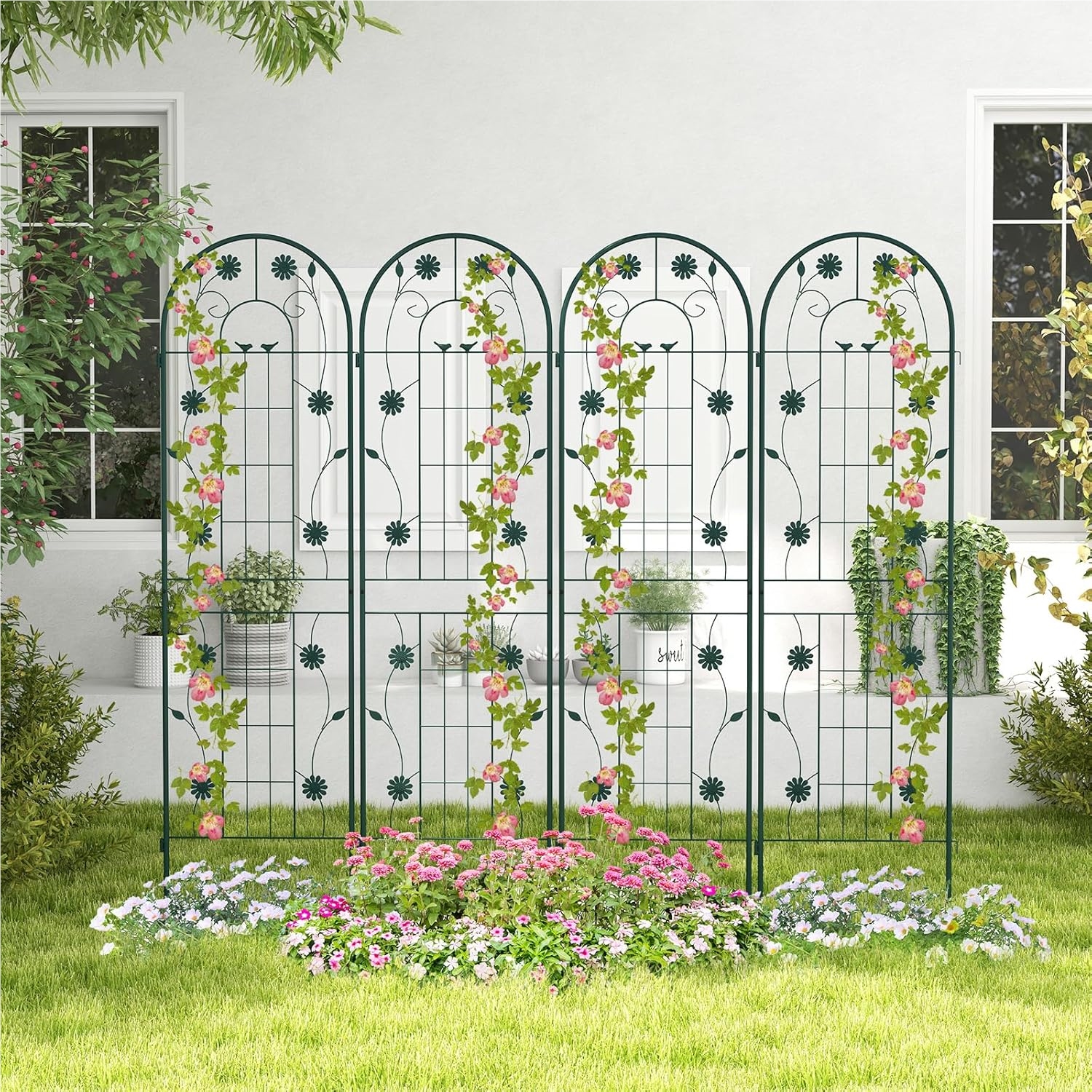 Image of Metal Trellis, Set Of 2, Decorative Garden Fence, Freestanding Trellis, Green