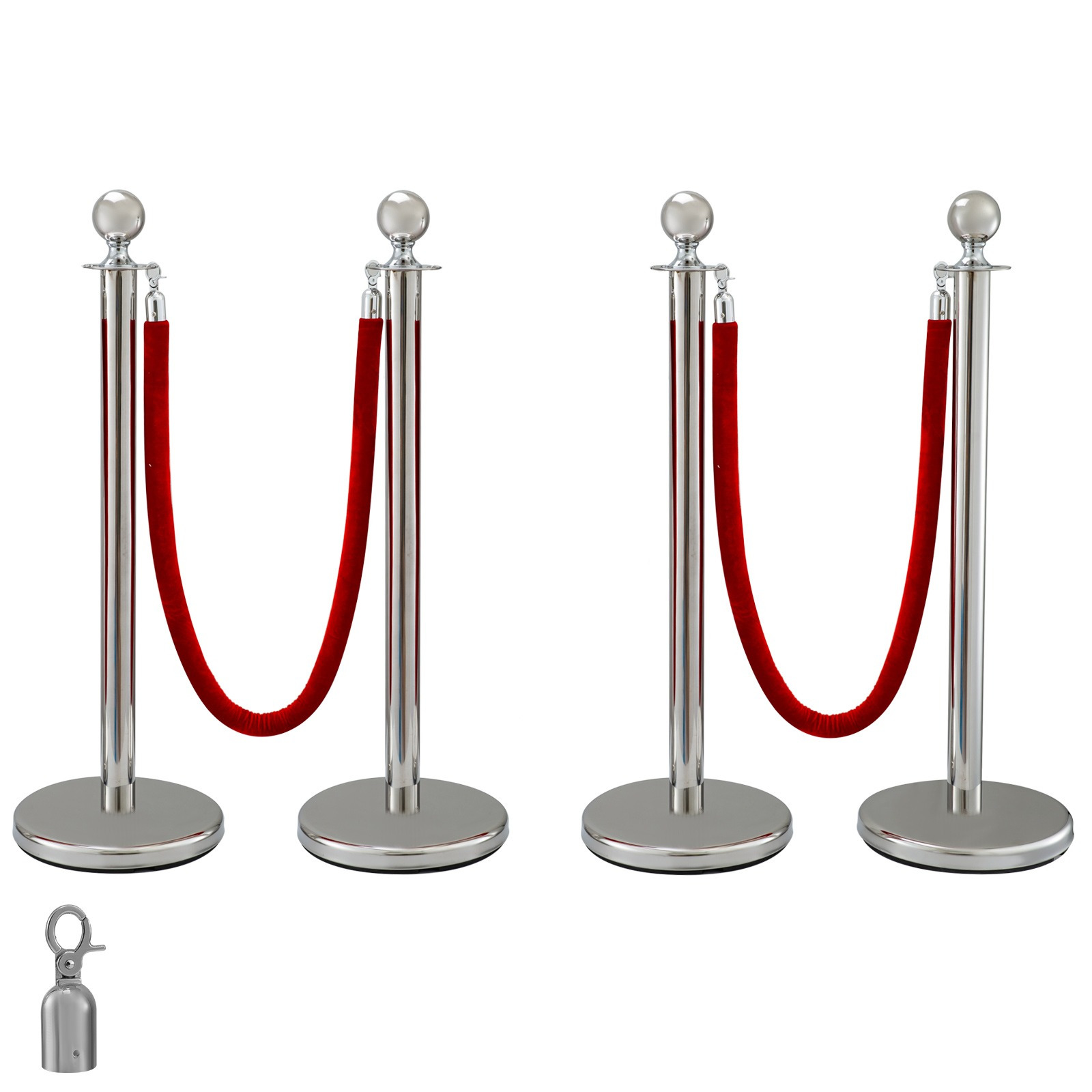 Vevor Retractable Silver Round Top Queue Control Barrier Posts Stands Security Rope Divider With 1.5m Red Rope Barrier Silver Round Top Column