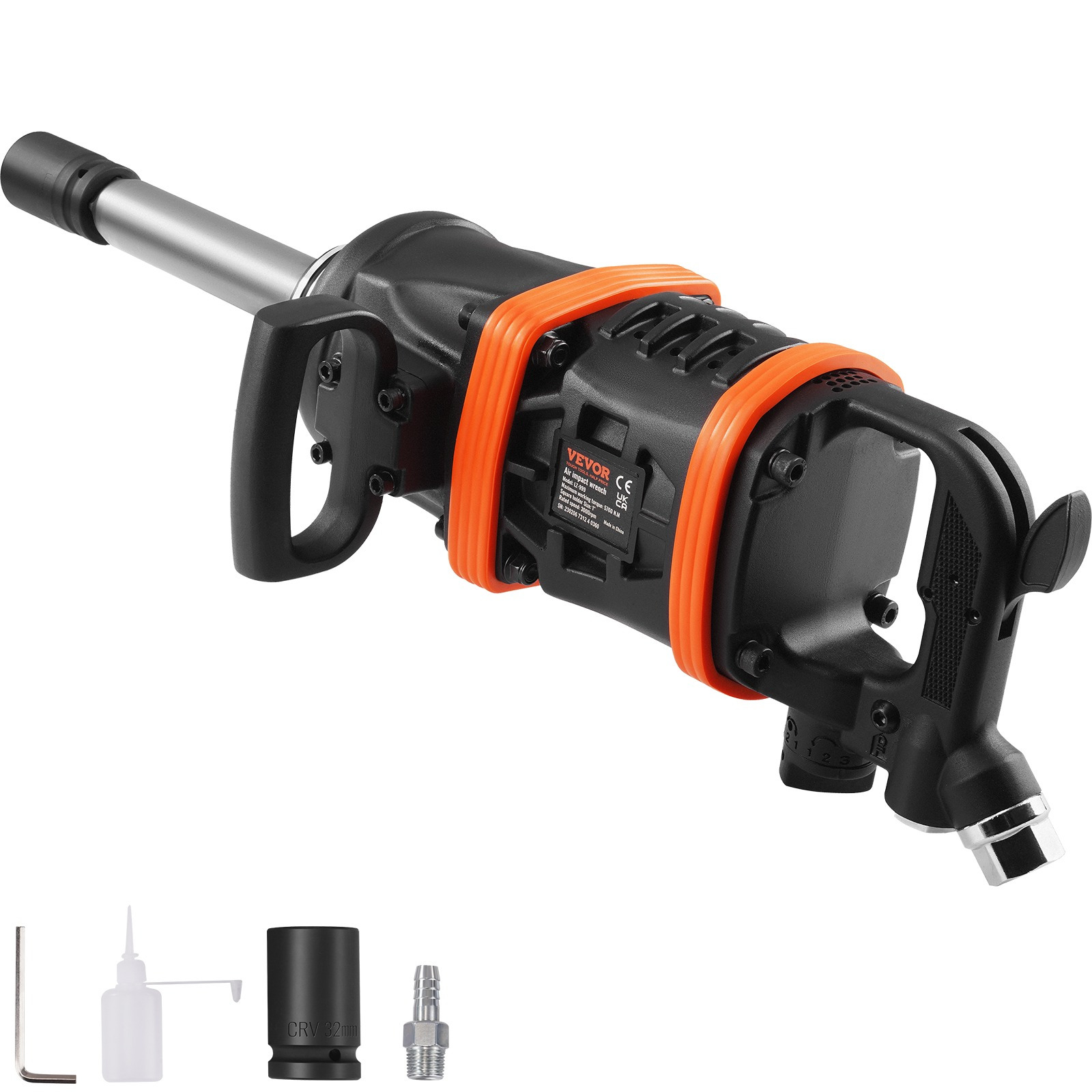 Image of Vevor 1 Inch Air Impact Wrench, Up To 5175 Ft-lbs Reverse Torque Output Pneumatic Impact Gun W/ 8 Inch Extended Anvil For Repairs and maintenance Of Heavy Duty Machinery / Semi-truck / Bus