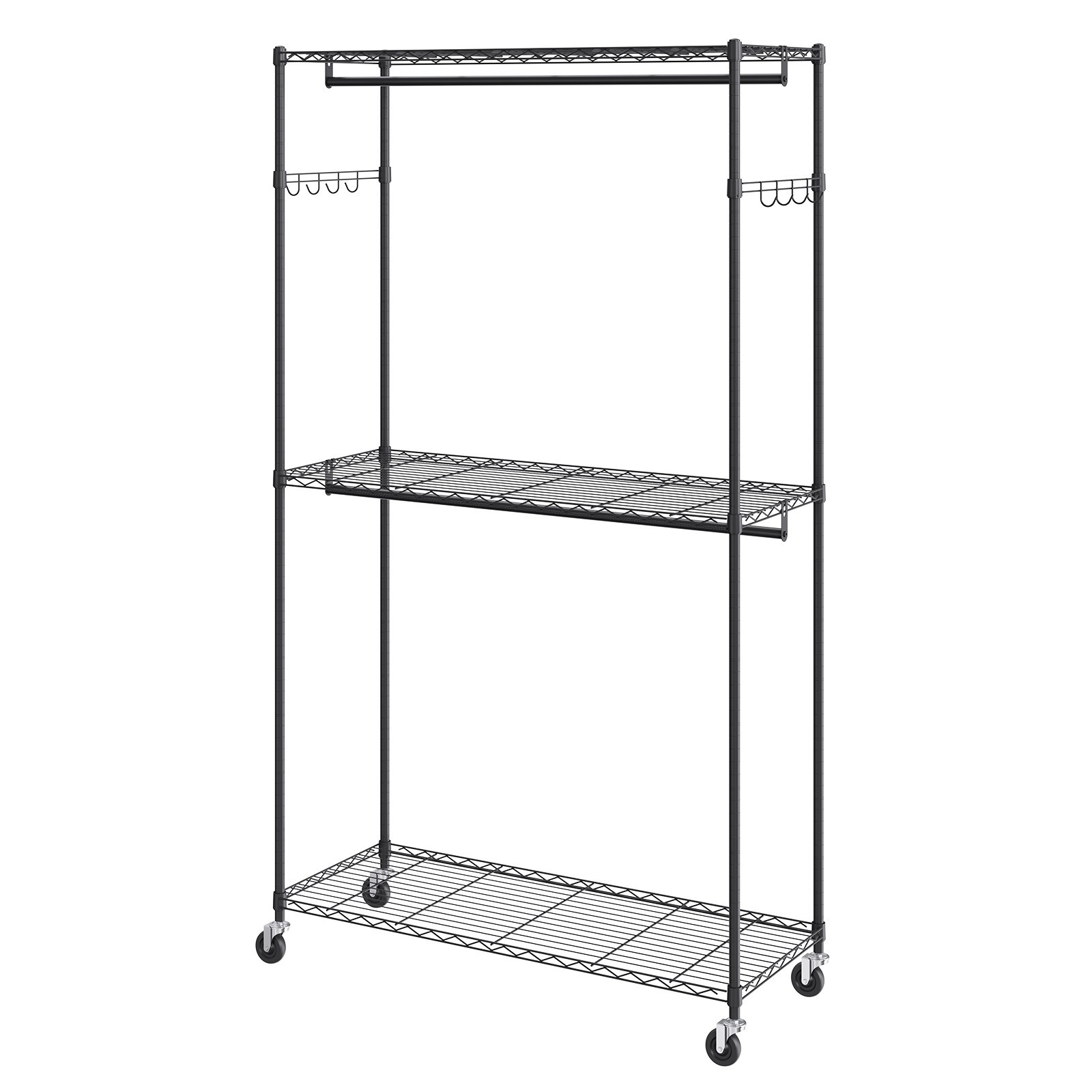 Image of Vevor Heavy Duty Clothes Rack, Rolling Clothing Garment Rack With 3 Storage Tiers, 2 Rods And Side Hooks, Adjustable Height Clothing Rack Closet For Hanging Clothes, 400 Lbs Load Capacity