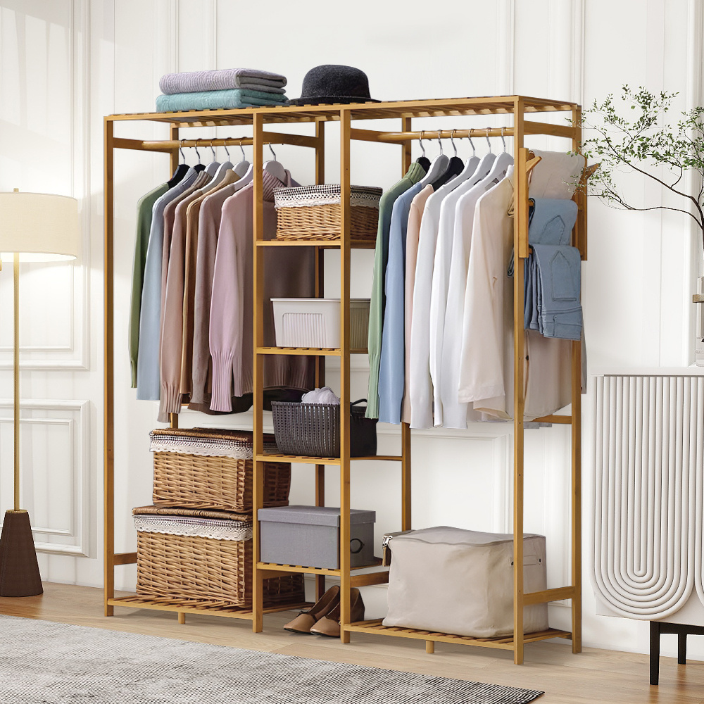TEMU 1pc Bamboo Garment Rack, Heavy-duty Freestanding Clothes Rail With Hanging Rod, Shelves, Open Wardrobe Closet, Clothing Hanger Storage Organiser